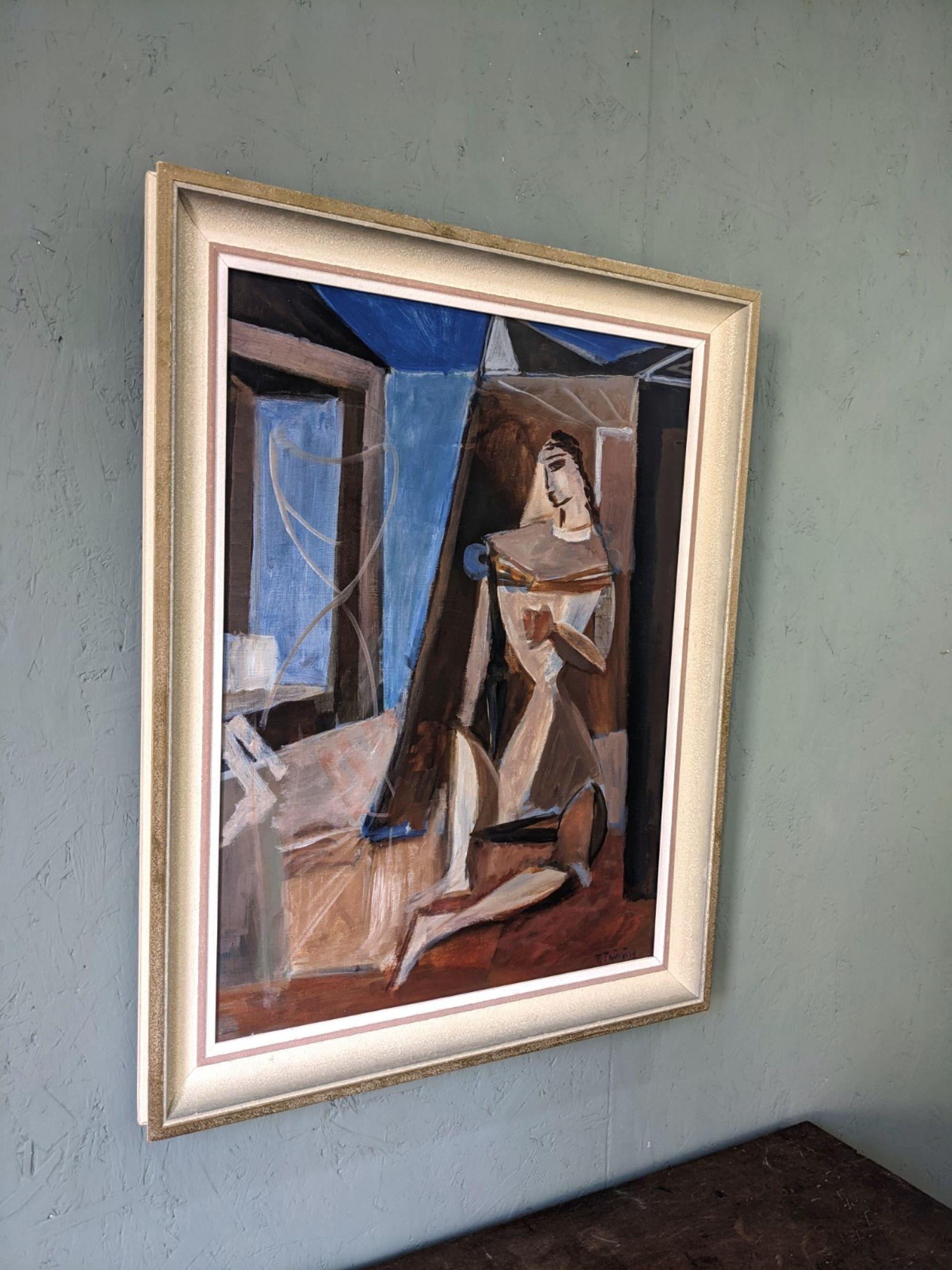 Vintage Mid-Century Framed Figurative Portrait Oil Painting - Cubist Figure 1