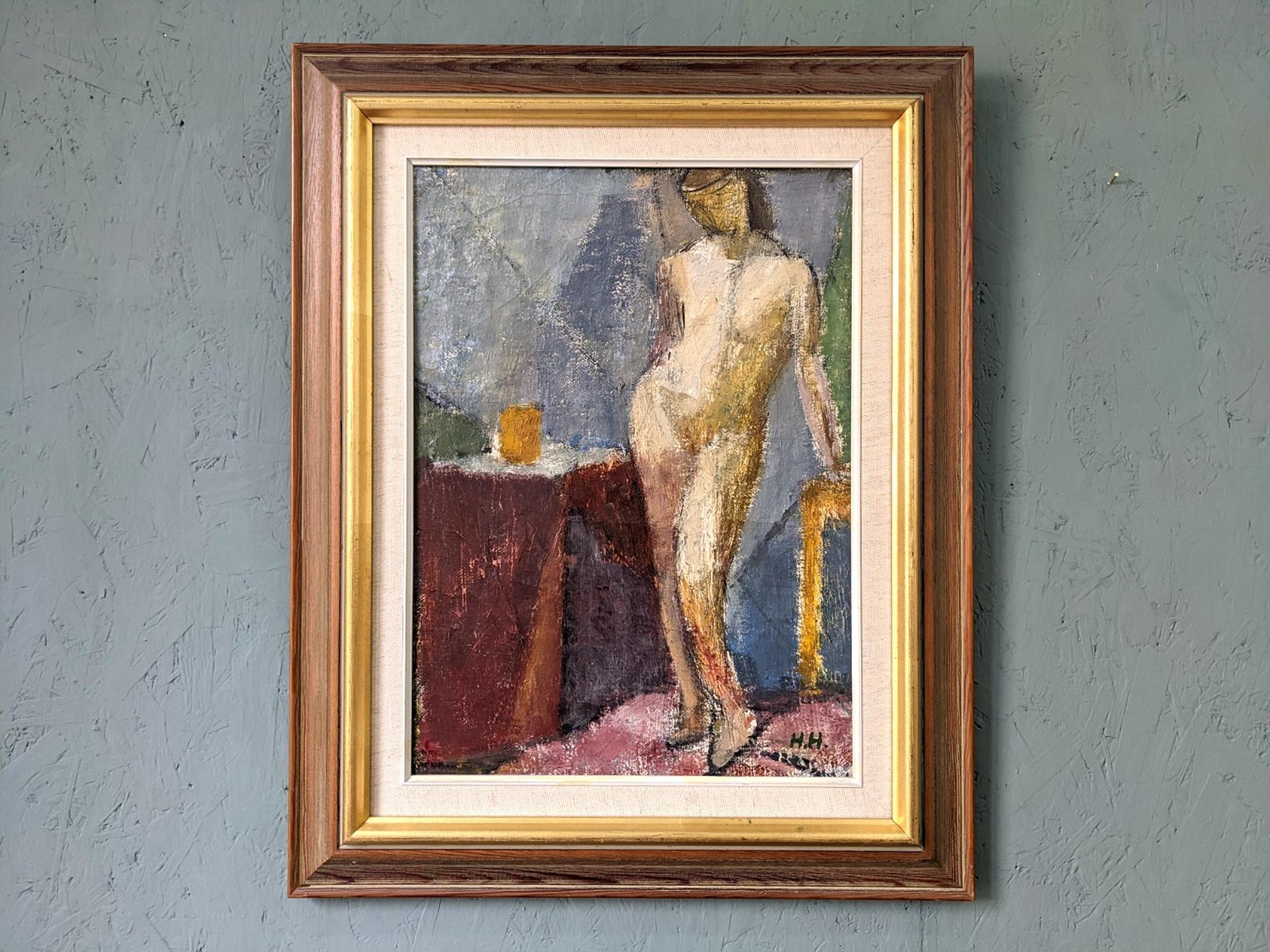 LEANING MODEL
Size: 59 × 47 cm (including frame)
Oil on canvas

Painted in 1945, this painting is a brilliantly executed mid century modernist figure study, painted in oil onto canvas.

There is a wonderful painterly quality to this piece – we get a