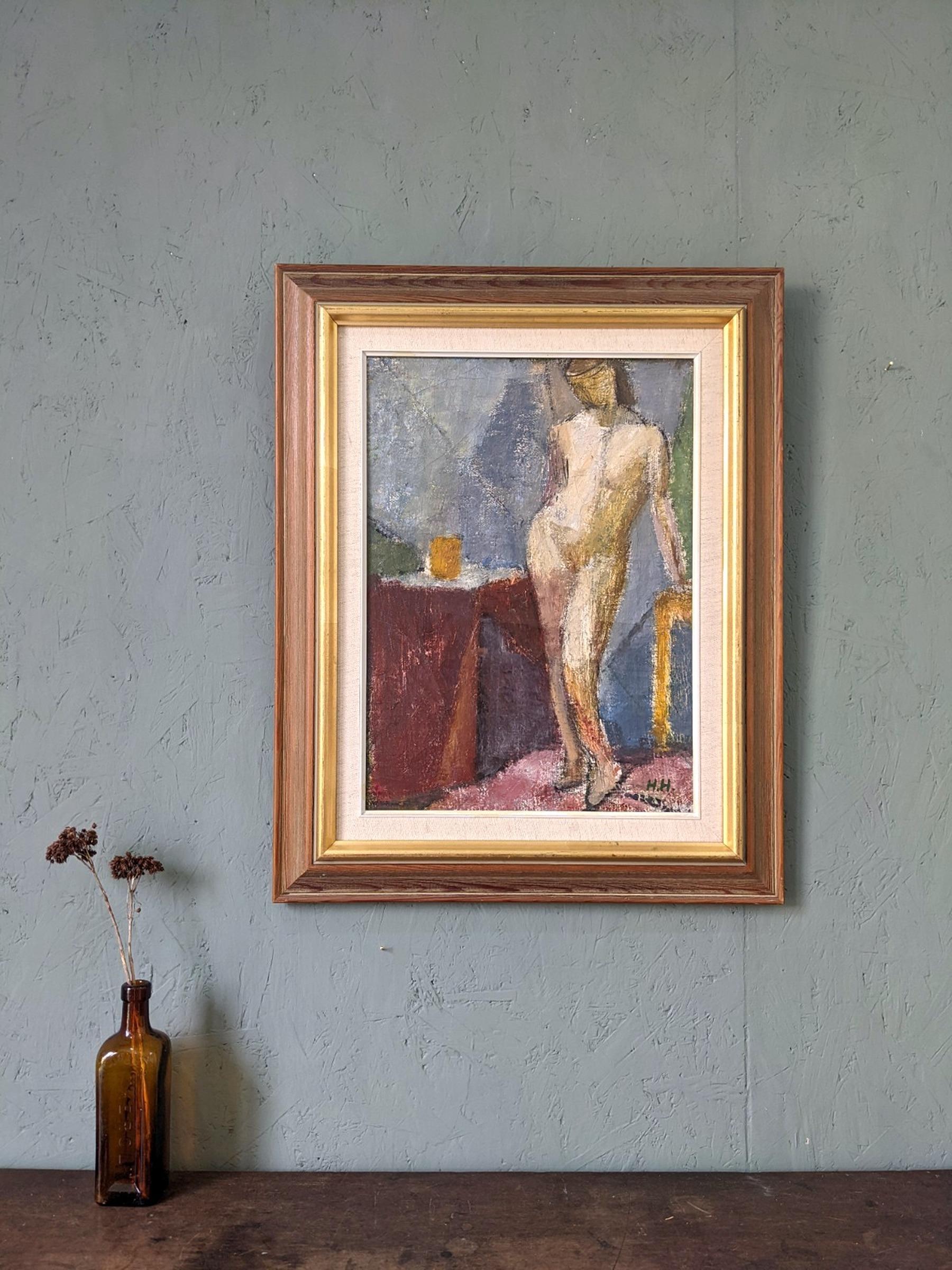 Vintage Mid-Century Framed Figurative Portrait Oil Painting - Leaning Model 6