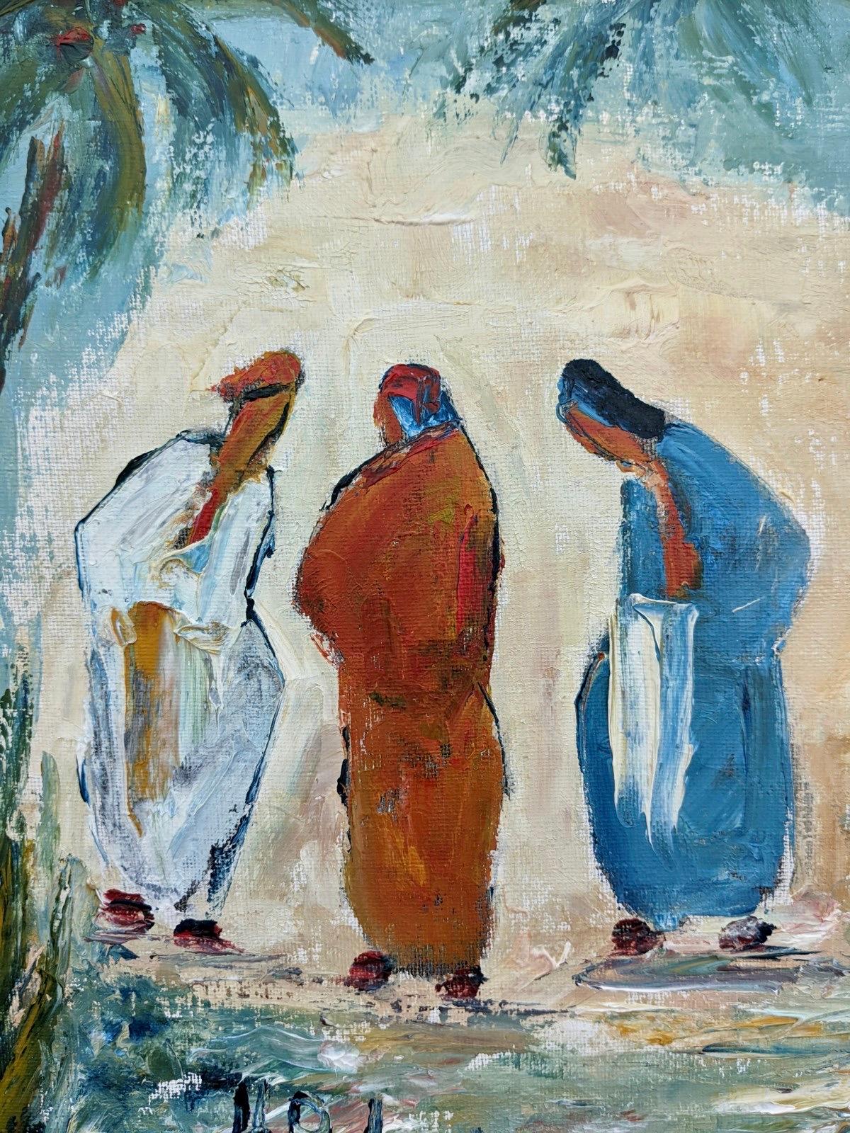 EVENING GATHERING
Size: 43 x 73 cm (including frame)
Oil on canvas

A vibrant and striking mid century oil painting depicting a group of bedouins gathering together and surrounded by lush greenery.

Painted in an expressionist manner, the artist has