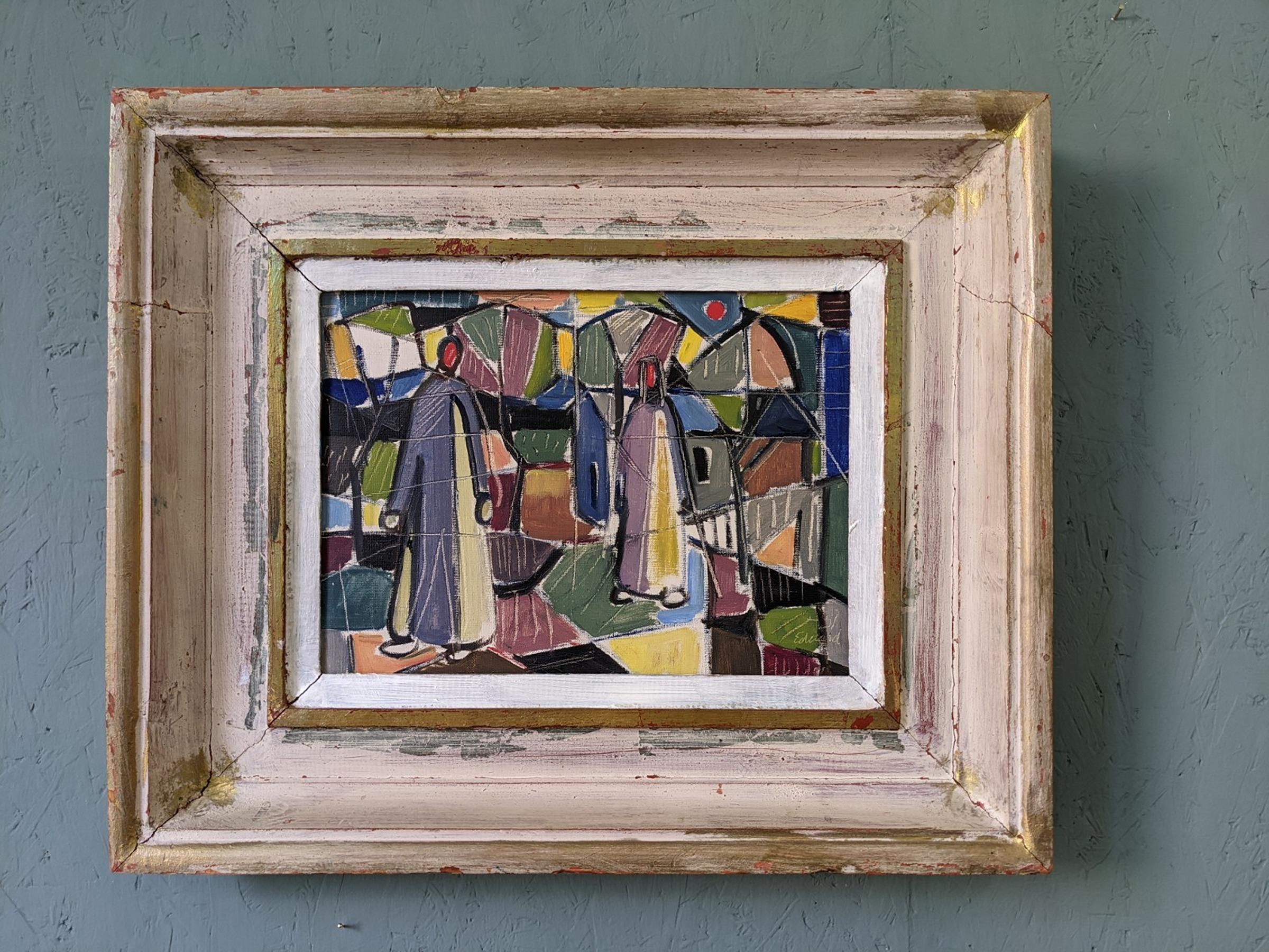 FIGURES IN COLOUR
Size: 42 x 51 cm (including frame)
Oil onto Canvas

A playful and striking composition presenting 2 figures in a coloured backdrop, brilliantly executed in oil onto canvas and dated 1951.

Painted with a modernist ethos and