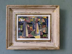 Pittura ad olio astratta geometrica vintage di metà secolo con cornice - Figure a colori