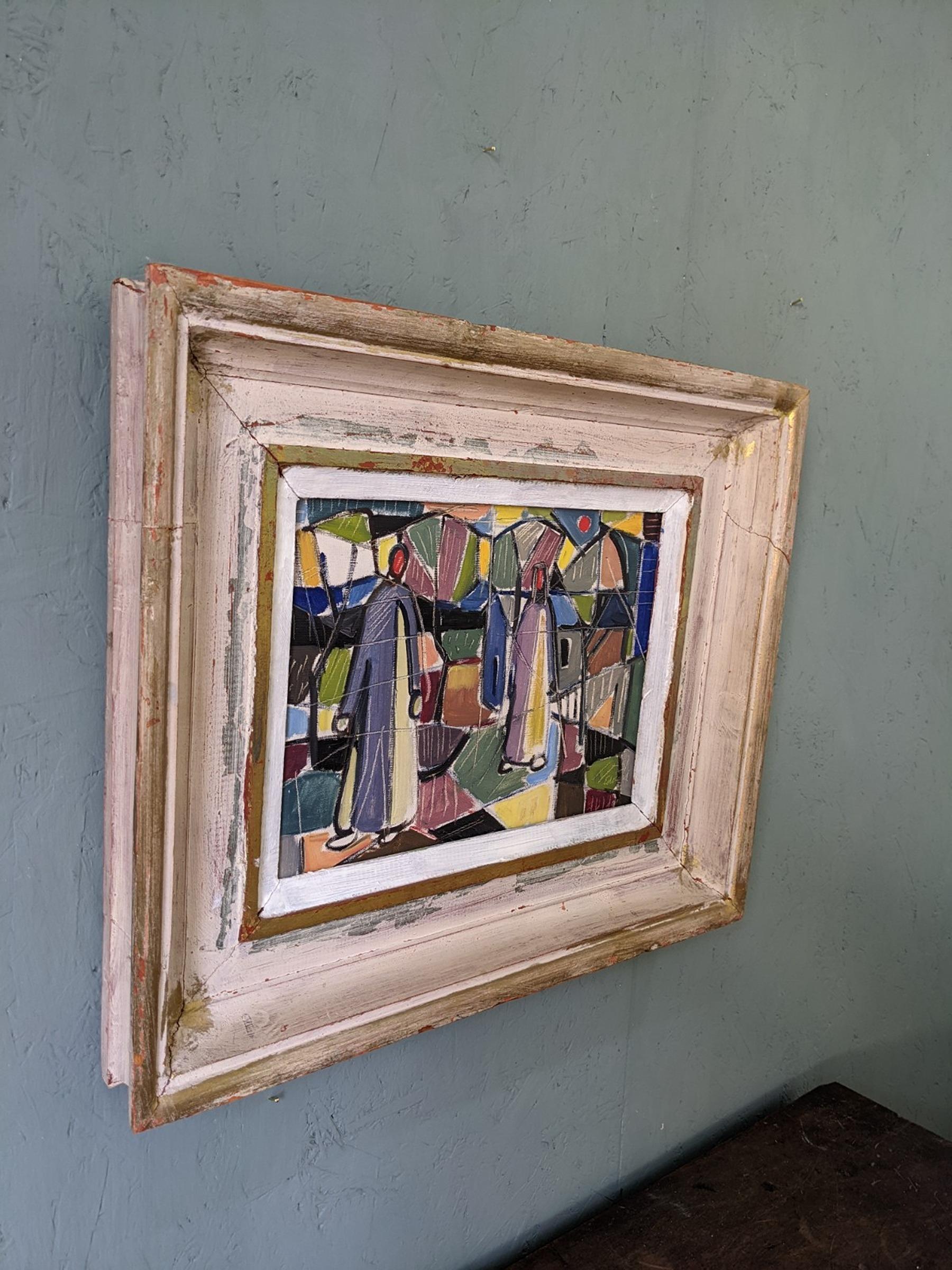 Vintage Mid-Century Framed Geometric Abstract Oil Painting - Figures in Colour 1