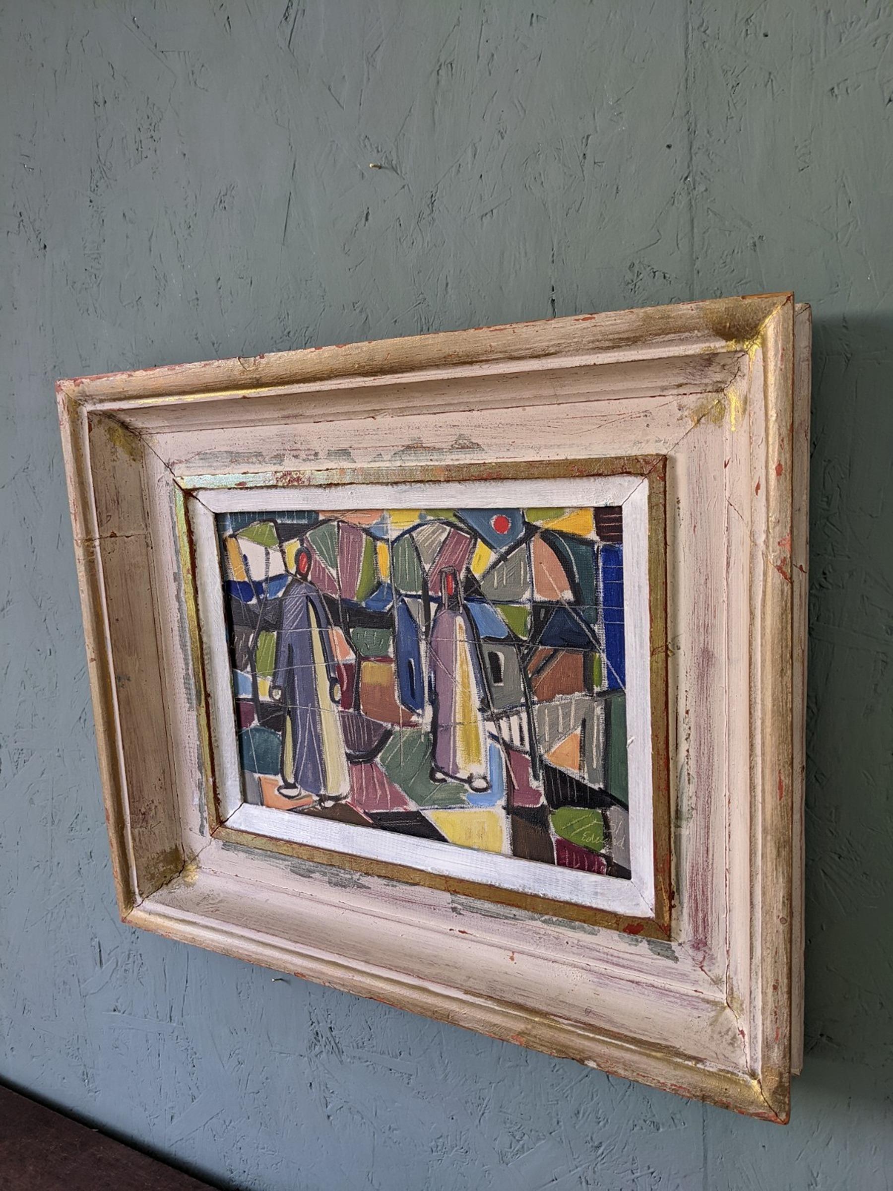 Vintage Mid-Century Framed Geometric Abstract Oil Painting - Figures in Colour 2