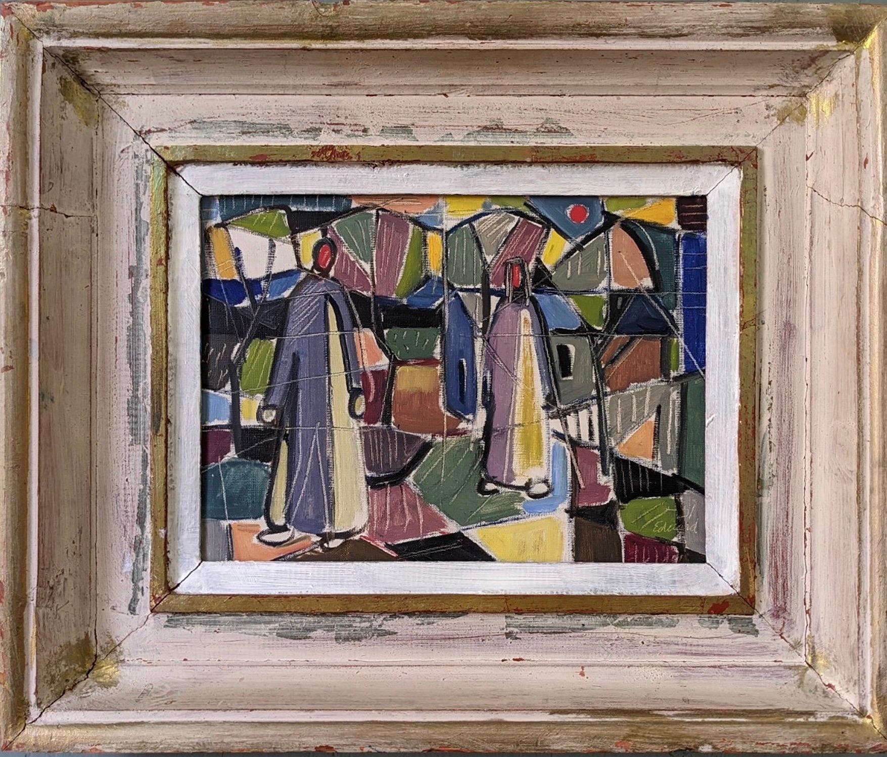 Unknown Abstract Painting - Vintage Mid-Century Framed Geometric Abstract Oil Painting - Figures in Colour