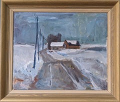 Vintage Mid-Century Framed Landscape Oil Painting - Houses in the Distance