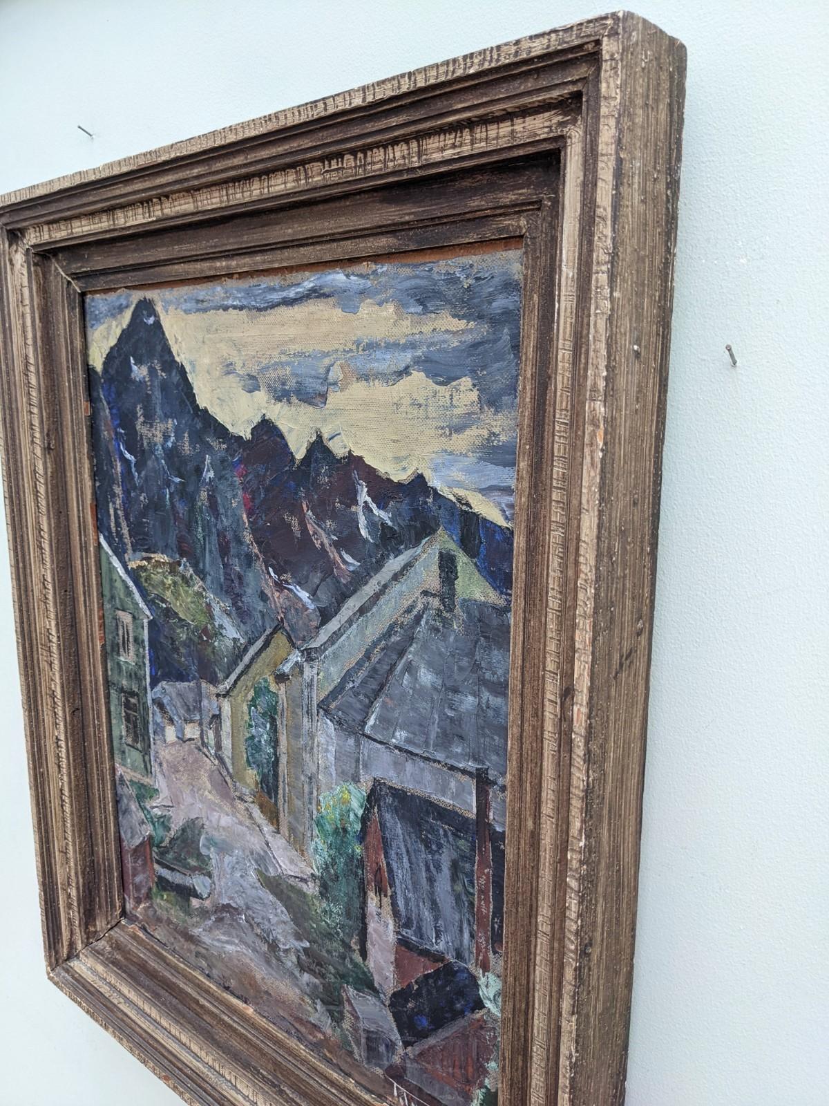 Vintage Mid Century Framed Landscape Swedish Oil Painting - Blue Village 7