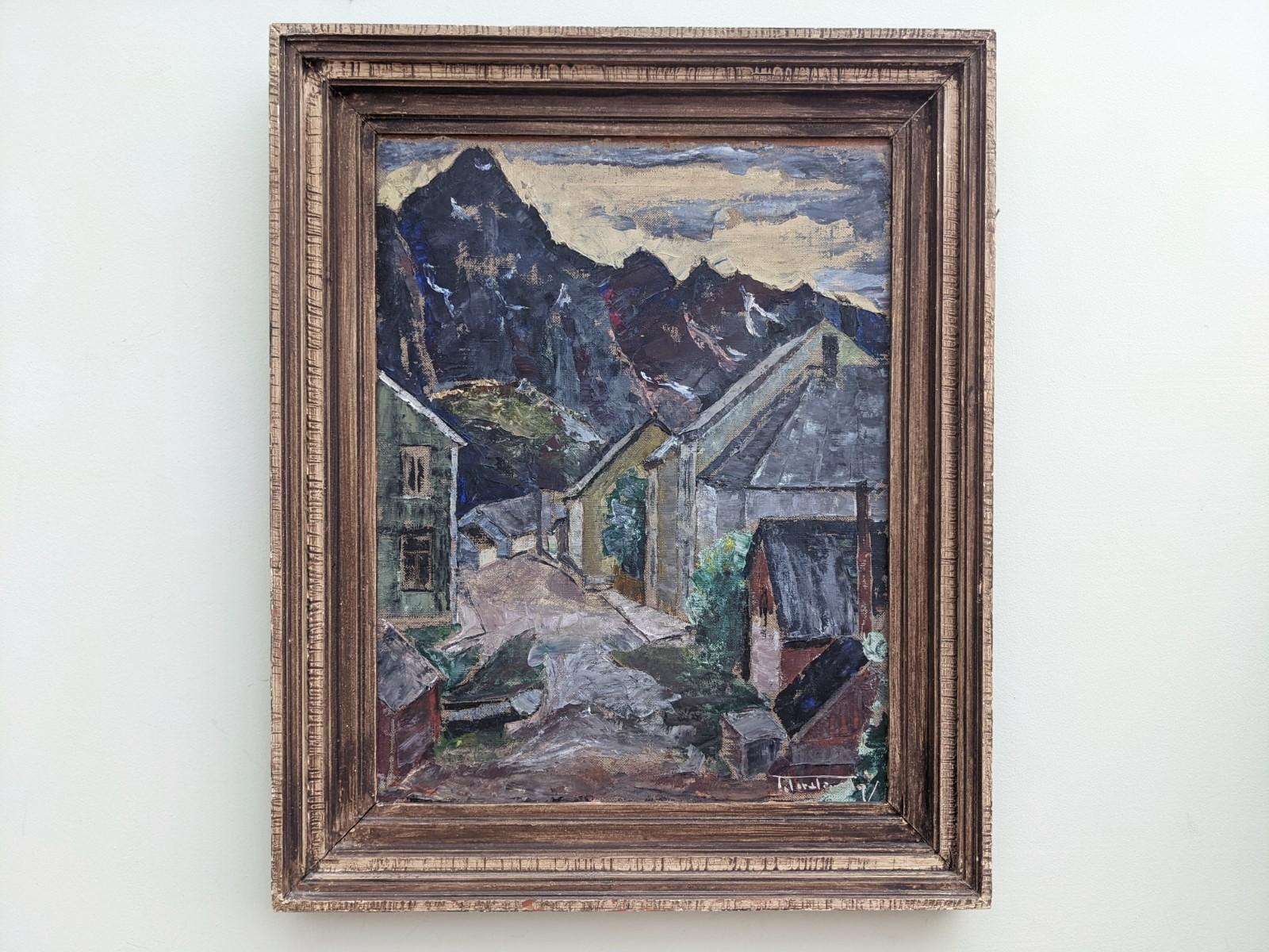 Vintage Mid Century Framed Landscape Swedish Oil Painting - Blue Village - Gray Landscape Painting by Unknown