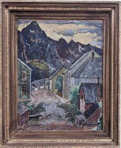 Vintage Mid Century Framed Landscape Swedish Oil Painting - Blue Village