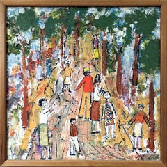 Vintage Mid-Century Framed Naïve Figurative Oil Painting - Through the Garden