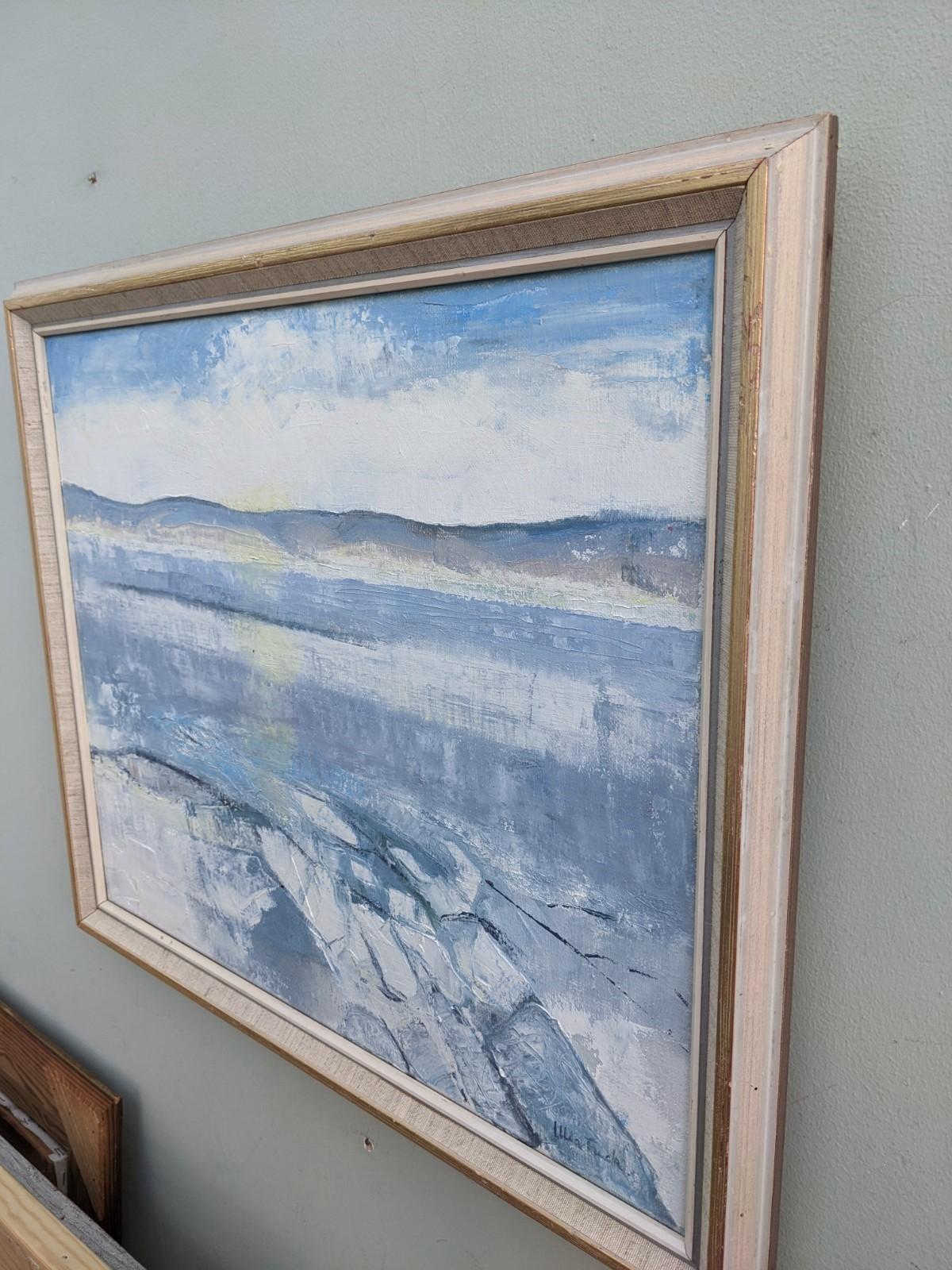 Vintage Mid Century Framed Oil Painting, Abstract Coastal Landscape - Icy Winter - Gray Abstract Painting by Unknown