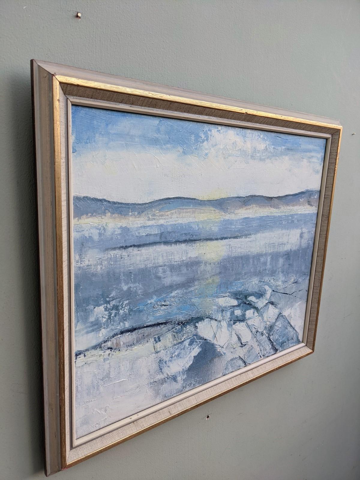 Icy Winter
Size: 44 x 52 cm (including frame)
Oil on canvas

A beautifully ethereal mid century modernist winter landscape scene, painted in oil onto canvas.

This semi abstract landscape features a pertinently restrained colour palette, with the