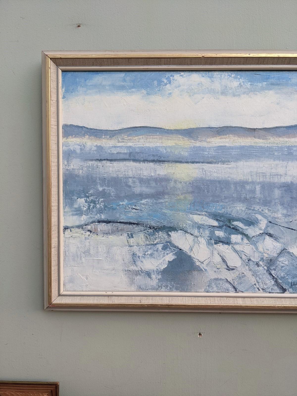 Vintage Mid Century Framed Oil Painting, Abstract Coastal Landscape - Icy Winter For Sale 2