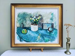 Vintage Mid-Century Framed Still Life Oil Painting - Teal Table