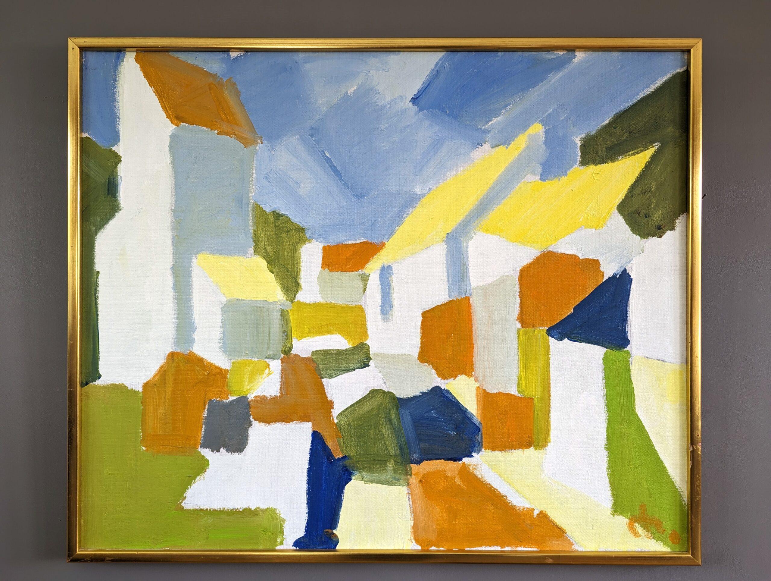 Pittura acrilica astratta geometrica vintage di metà secolo - Blocchi suburbani - Painting di Unknown