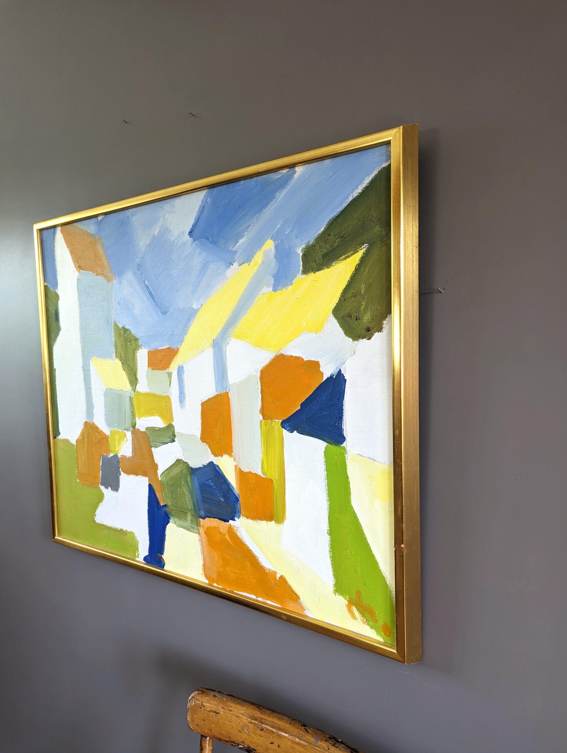 BLOCCHI SUBURBANI
Dimensioni:  63 x 76.5 cm  24,8 x 30,1 pollici (cornice inclusa)
Acrilico su tela

In questo vivace dipinto eseguito in acrilico su tela,  l'artista esplora l'essenza di un paesaggio suburbano attraverso la lente dell'astrazione