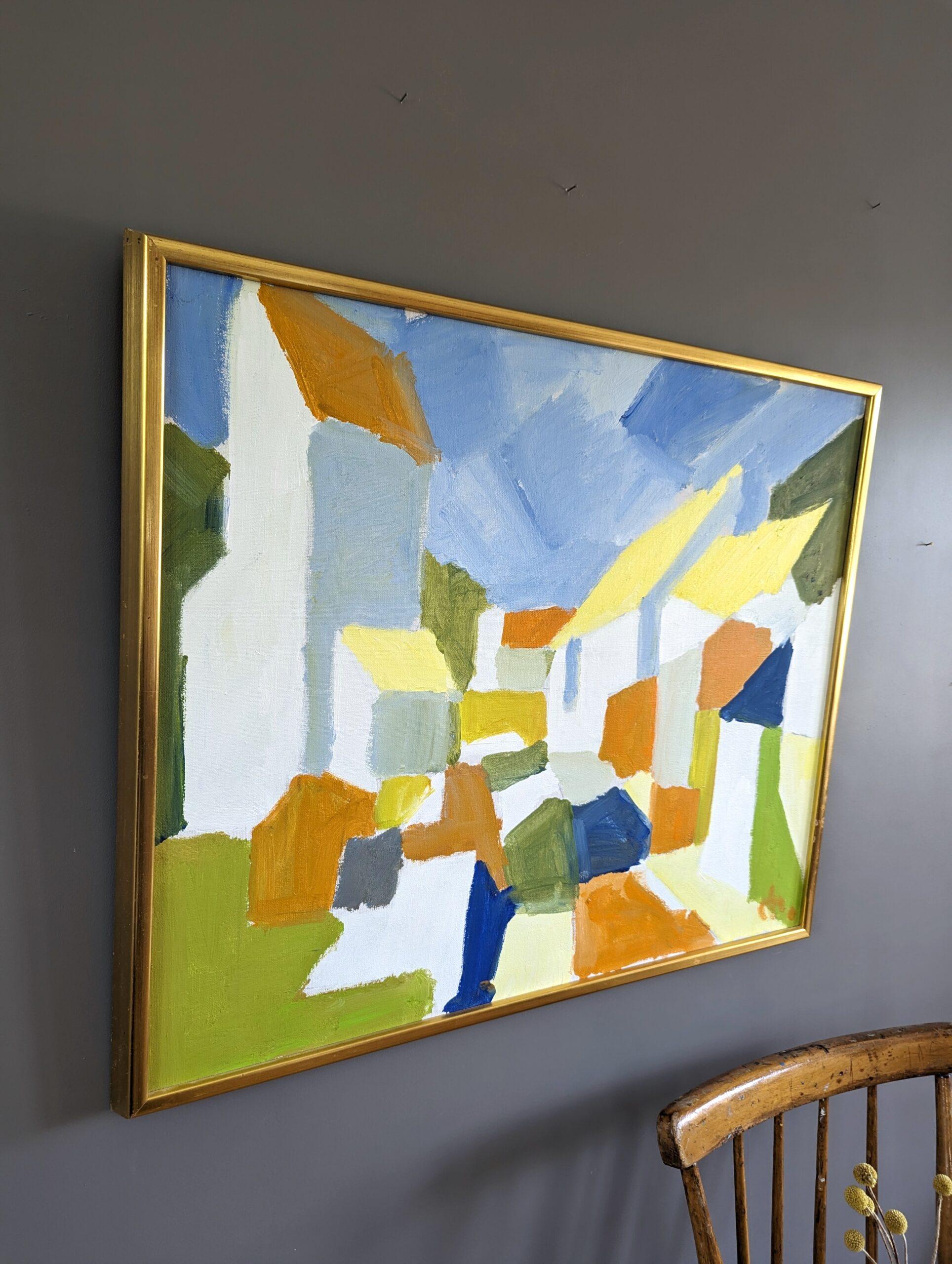 Pittura acrilica astratta geometrica vintage di metà secolo - Blocchi suburbani 1