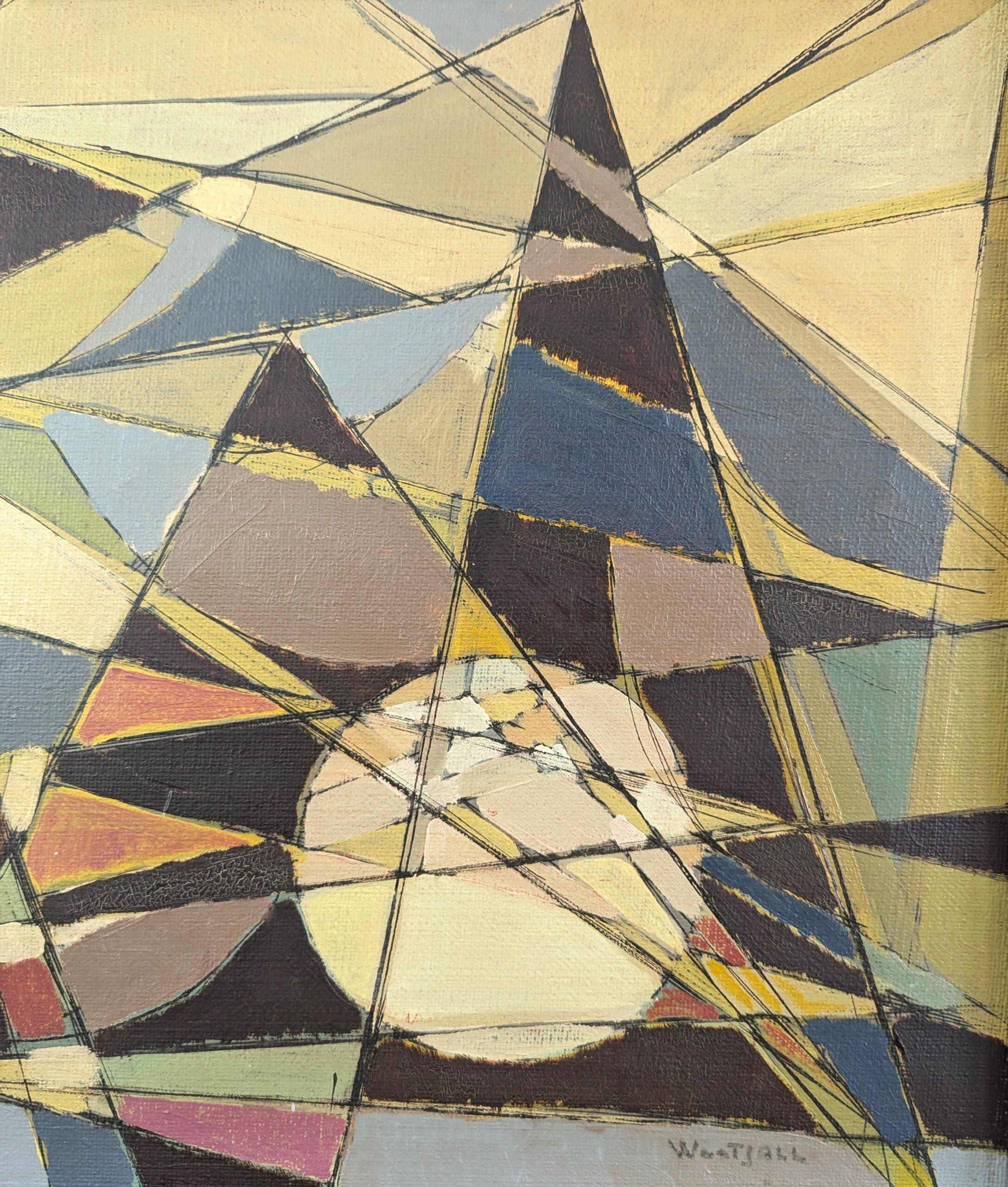 Pintura al óleo cubista abstracta geométrica vintage de mediados de siglo - Intersecting Realms 5