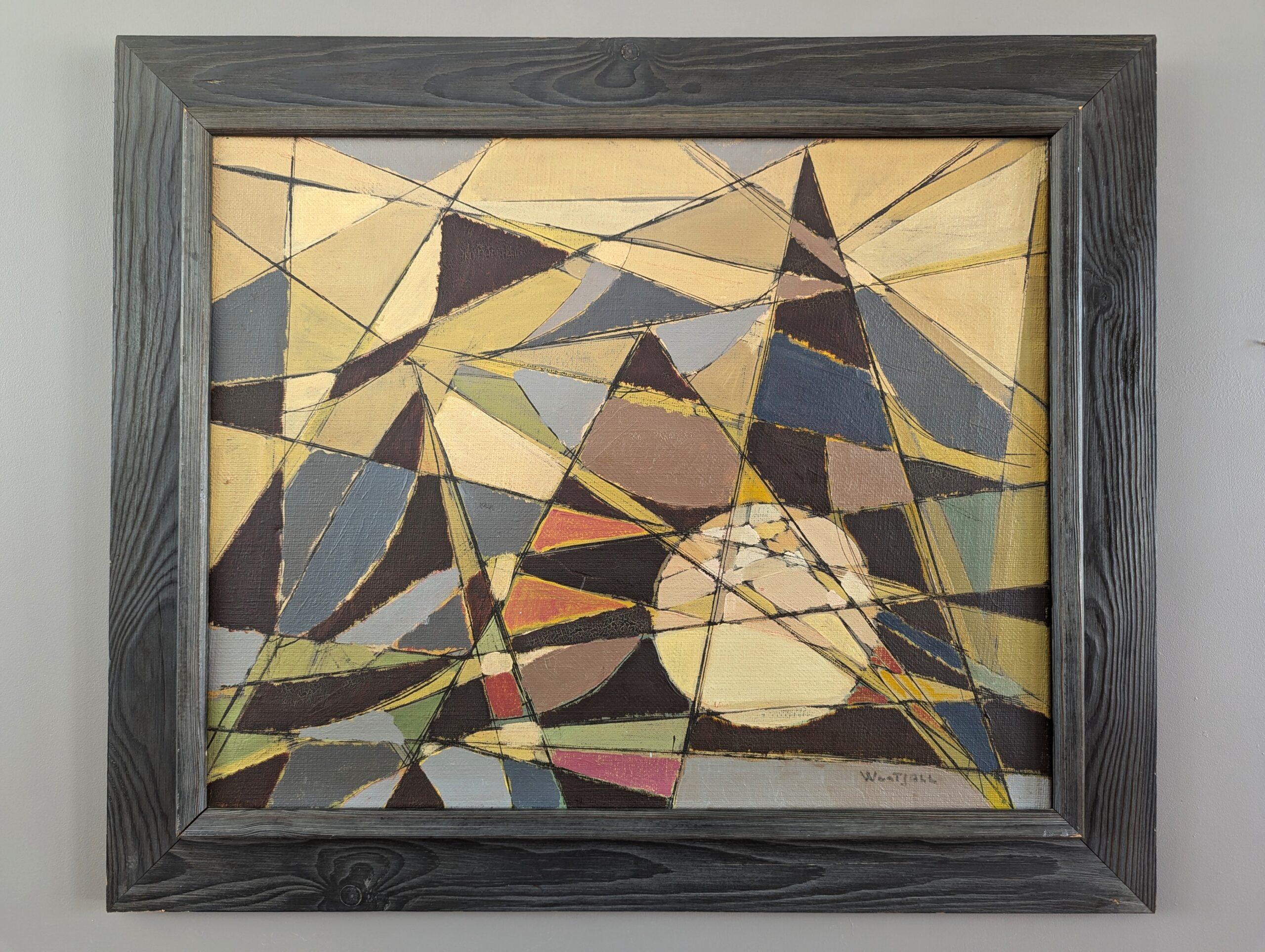 Pintura al óleo cubista abstracta geométrica vintage de mediados de siglo - Intersecting Realms 6