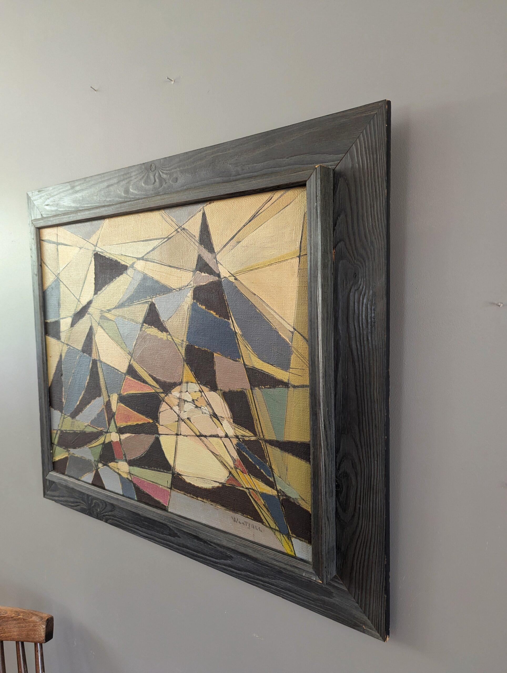 Pintura al óleo cubista abstracta geométrica vintage de mediados de siglo - Intersecting Realms 7