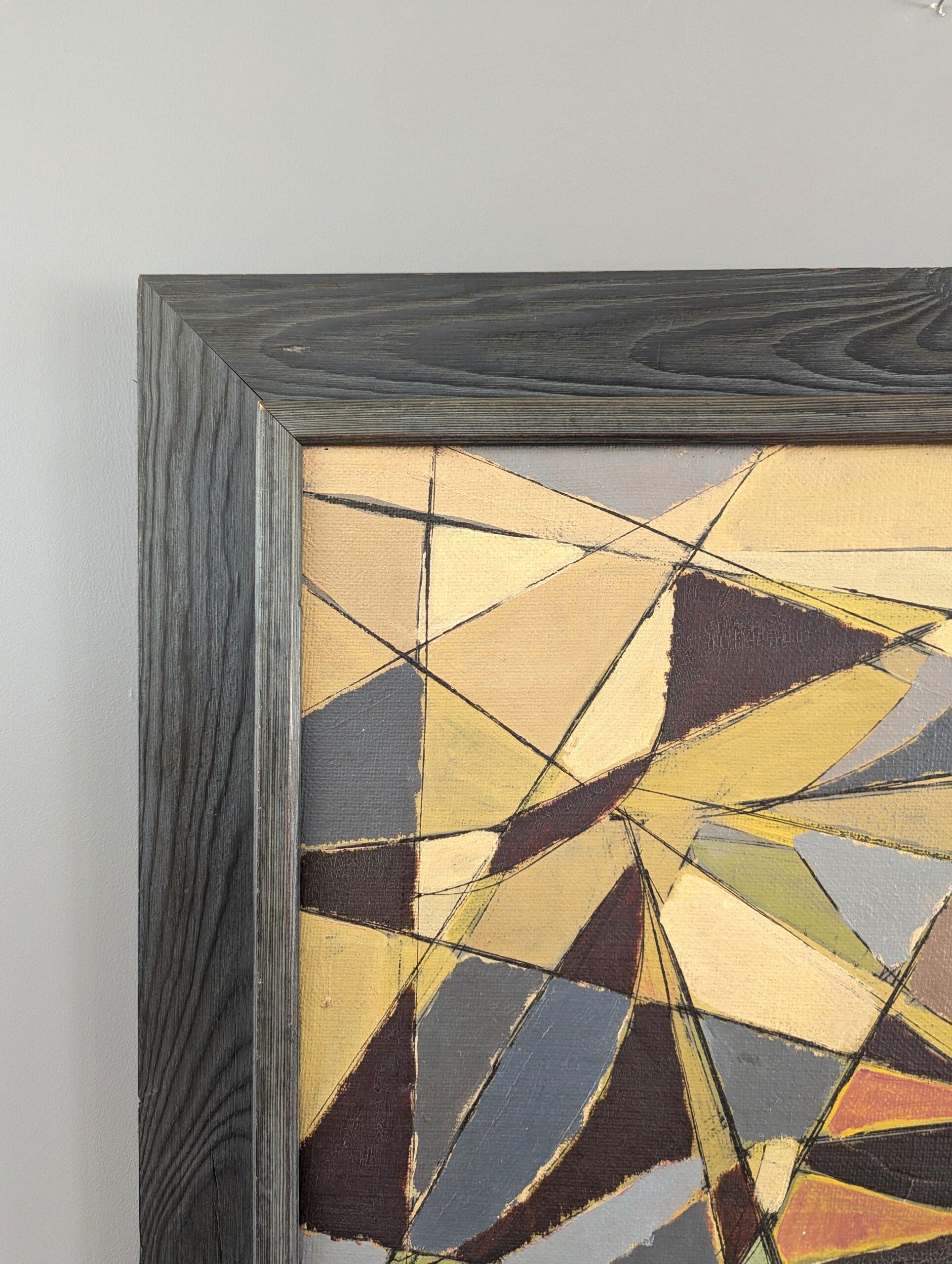 Pintura al óleo cubista abstracta geométrica vintage de mediados de siglo - Intersecting Realms - Abstract Painting Gris de Unknown