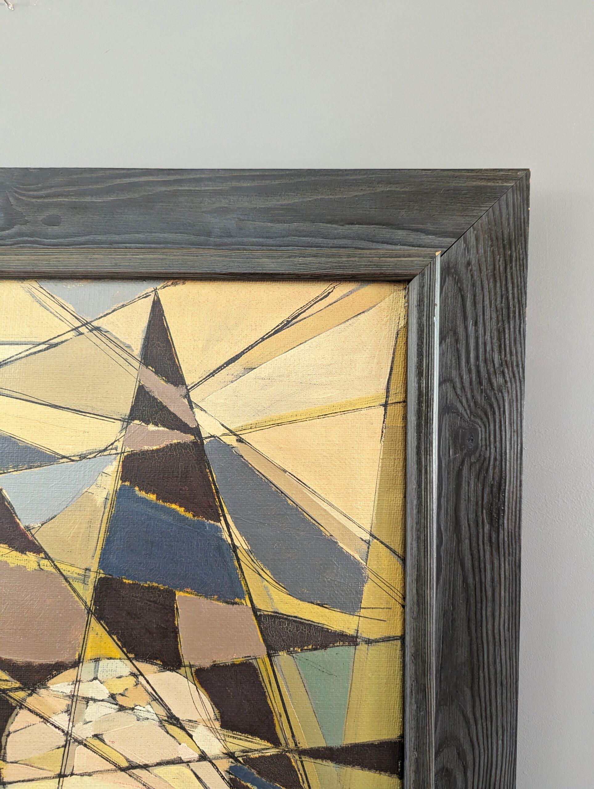 REINOS QUE SE CRUZAN
Tamaño: 54 x 64 cm (incluido el marco)
Óleo sobre lienzo

Extraordinario cuadro de mediados de siglo que combina magistralmente elementos de la abstracción geométrica y el cubismo, ejecutado al óleo sobre lienzo.

La composición