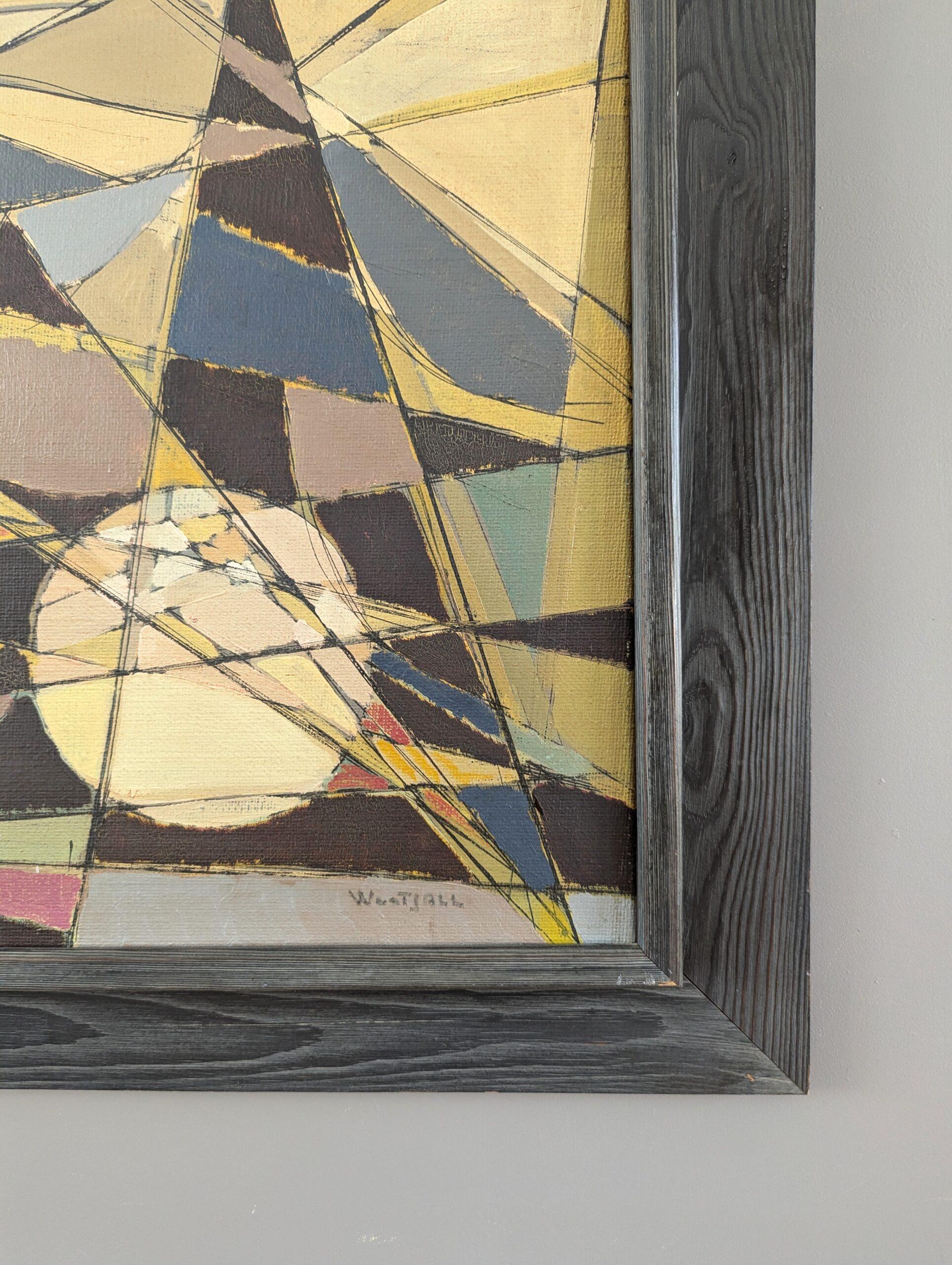 Pintura al óleo cubista abstracta geométrica vintage de mediados de siglo - Intersecting Realms 1