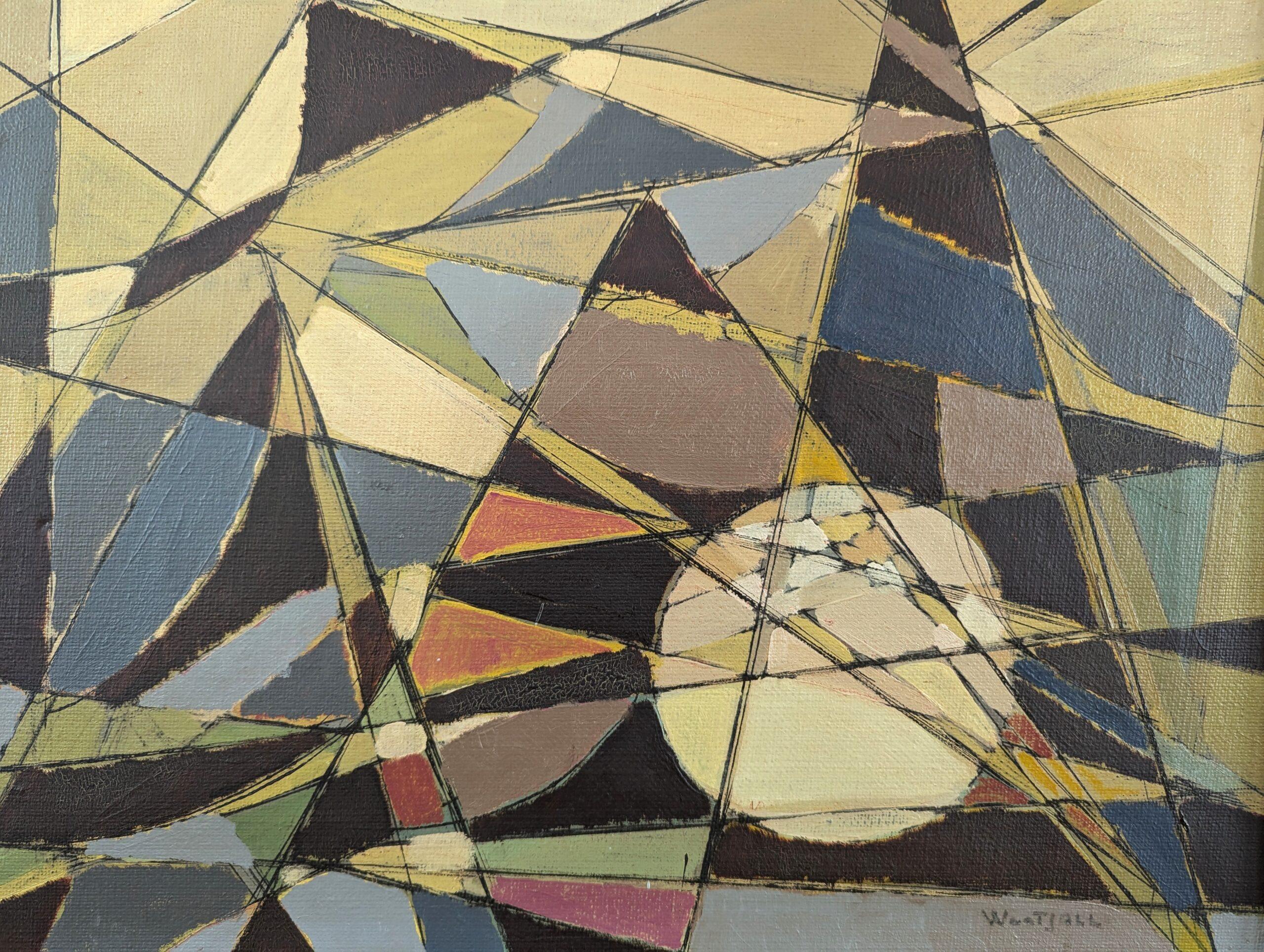 Pintura al óleo cubista abstracta geométrica vintage de mediados de siglo - Intersecting Realms 3