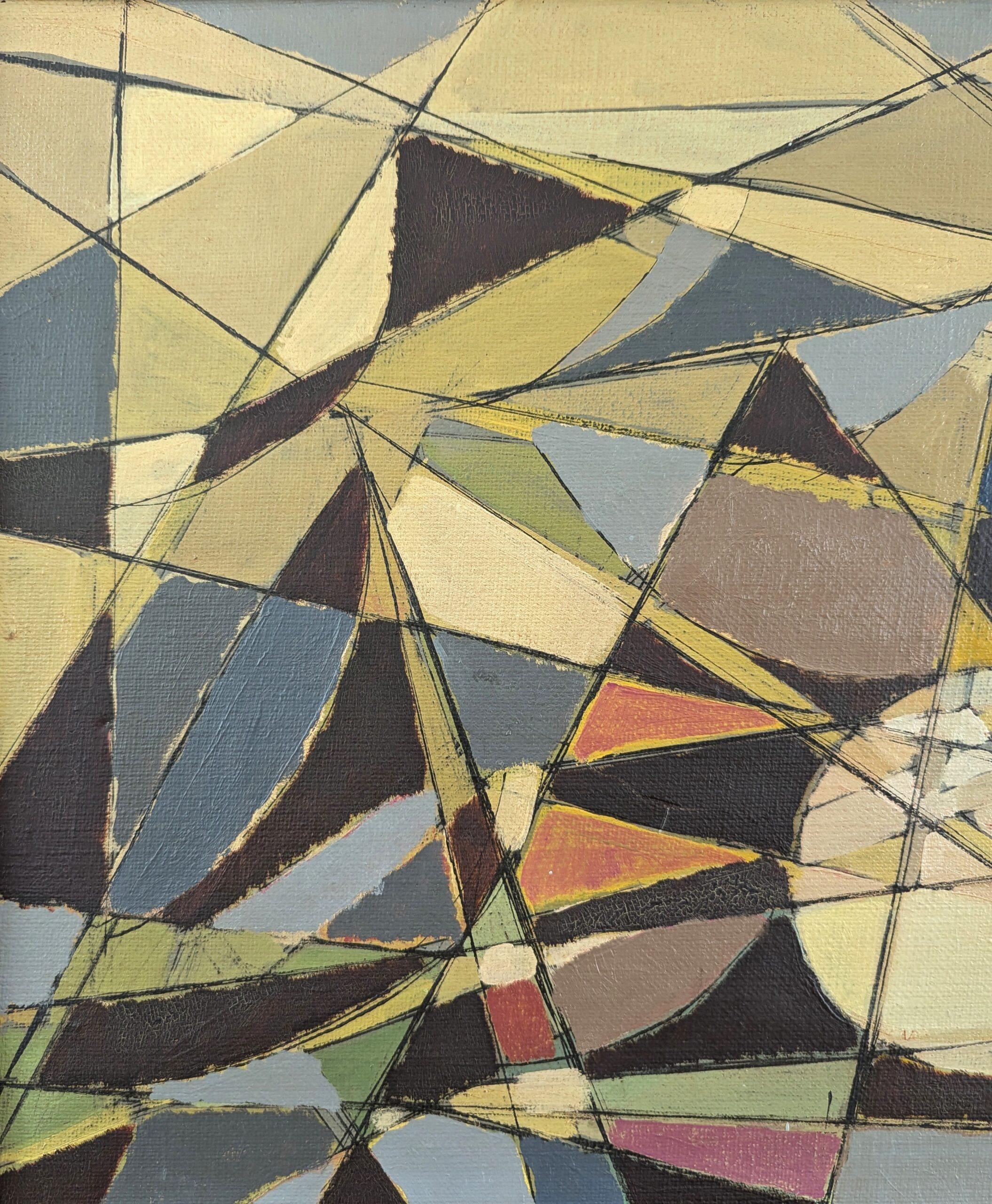 Pintura al óleo cubista abstracta geométrica vintage de mediados de siglo - Intersecting Realms 4