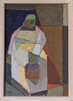 Vintage Mid-Century Geometric Abstract Figurative Oil Painting - Fragments