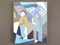 Vintage Mid-Century Geometric Abstract Figurative Oil Painting - Geometric Duo