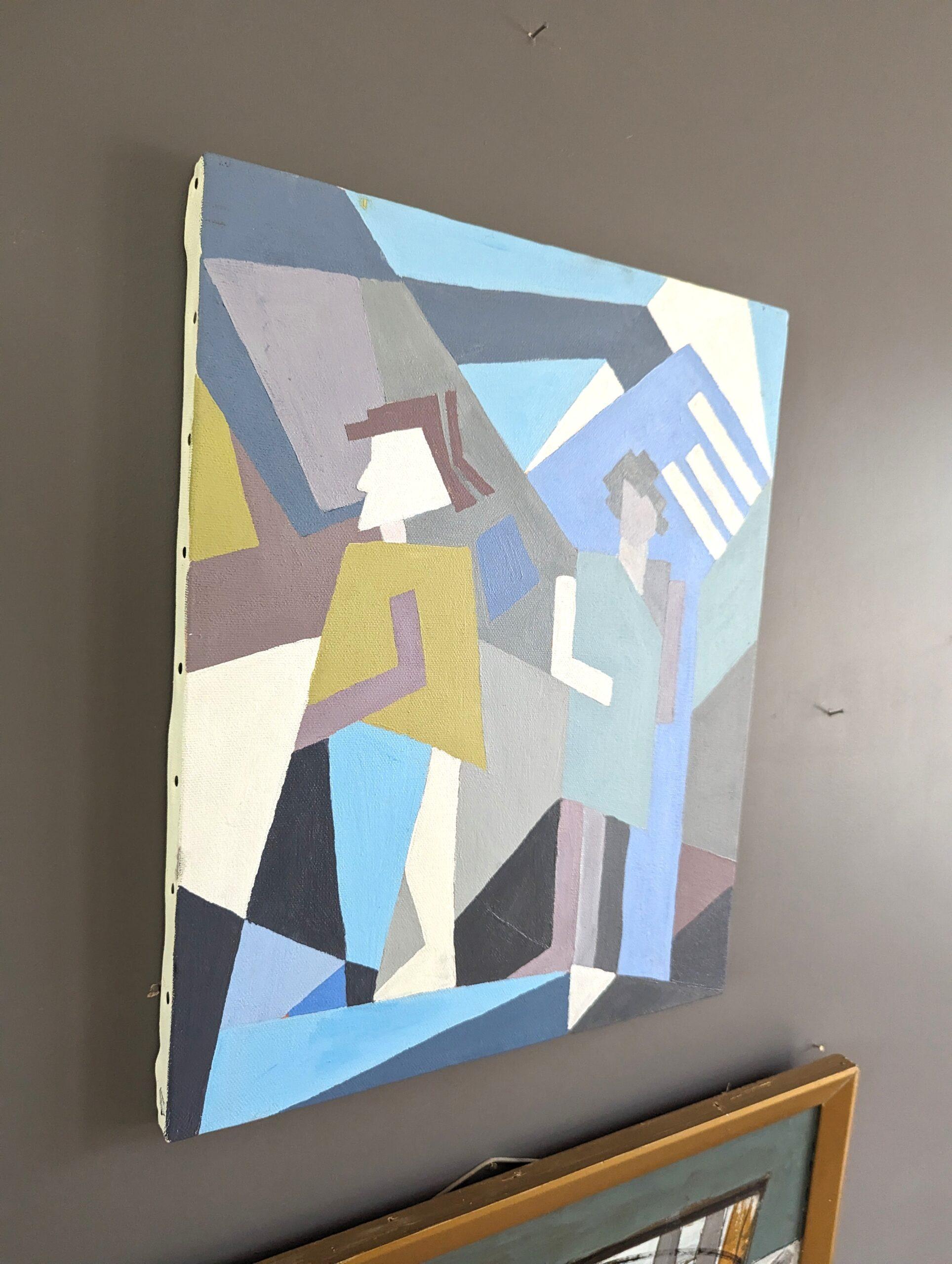 Geometrisches abstraktes figuratives Ölgemälde aus der Mitte des Jahrhunderts – Geometrisches Duo, Vintage (Moderne), Painting, von Unknown