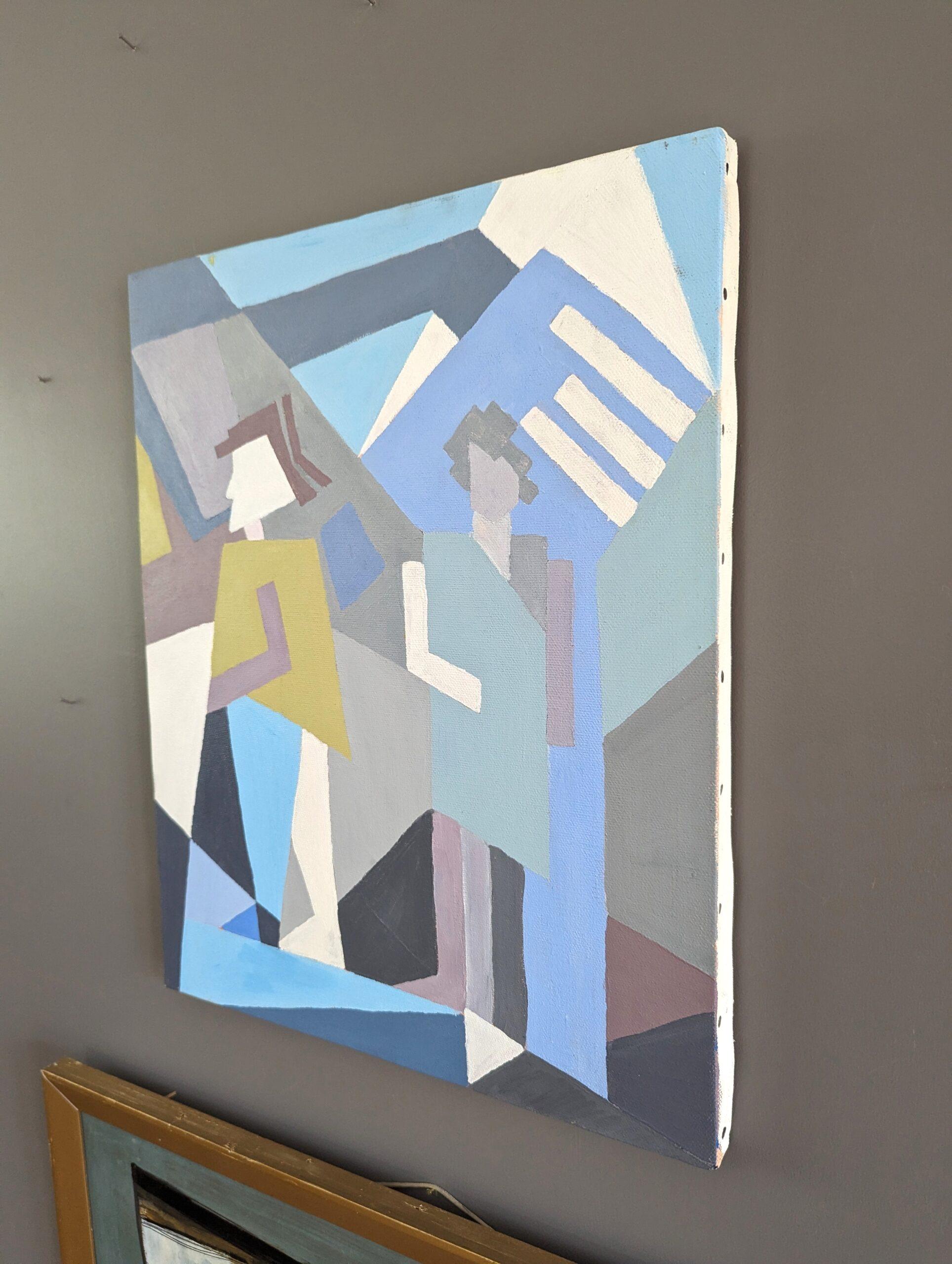 Geometrisches abstraktes figuratives Ölgemälde aus der Mitte des Jahrhunderts – Geometrisches Duo, Vintage (Grau), Figurative Painting, von Unknown