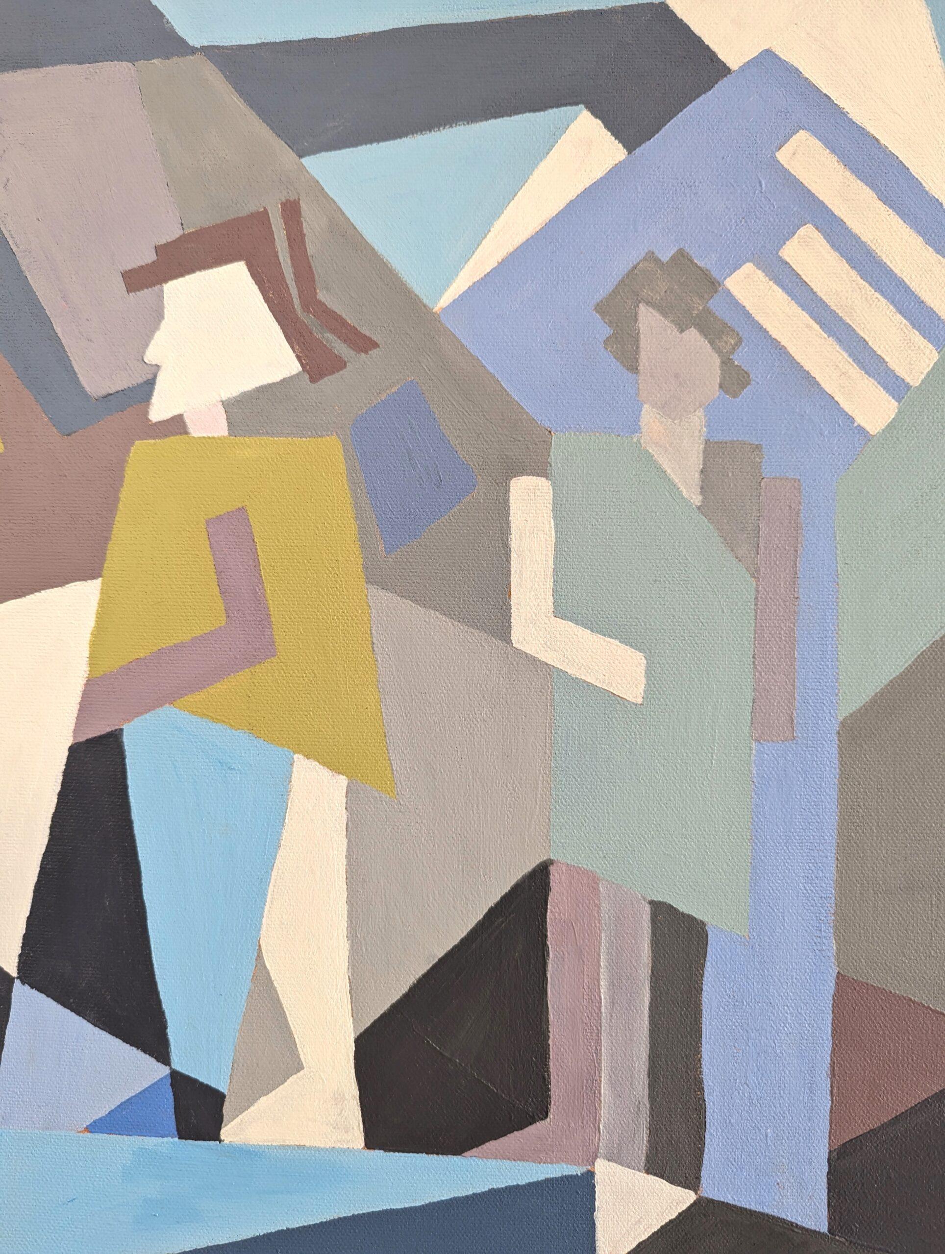 GEOMETRISCHES DUO
Größe: 41 x 33 cm 
Öl auf Leinwand

Eine herausragende geometrisch-abstrakte figurative Komposition, die das Zusammenspiel von Form, Farbe und Perspektive erforscht, ausgeführt in Öl auf Leinwand.

Zwei Figuren stehen in
