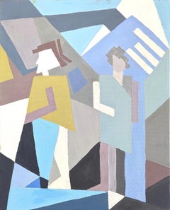 Vintage Mid-Century Geometric Abstract Figurative Oil Painting - Geometric Duo