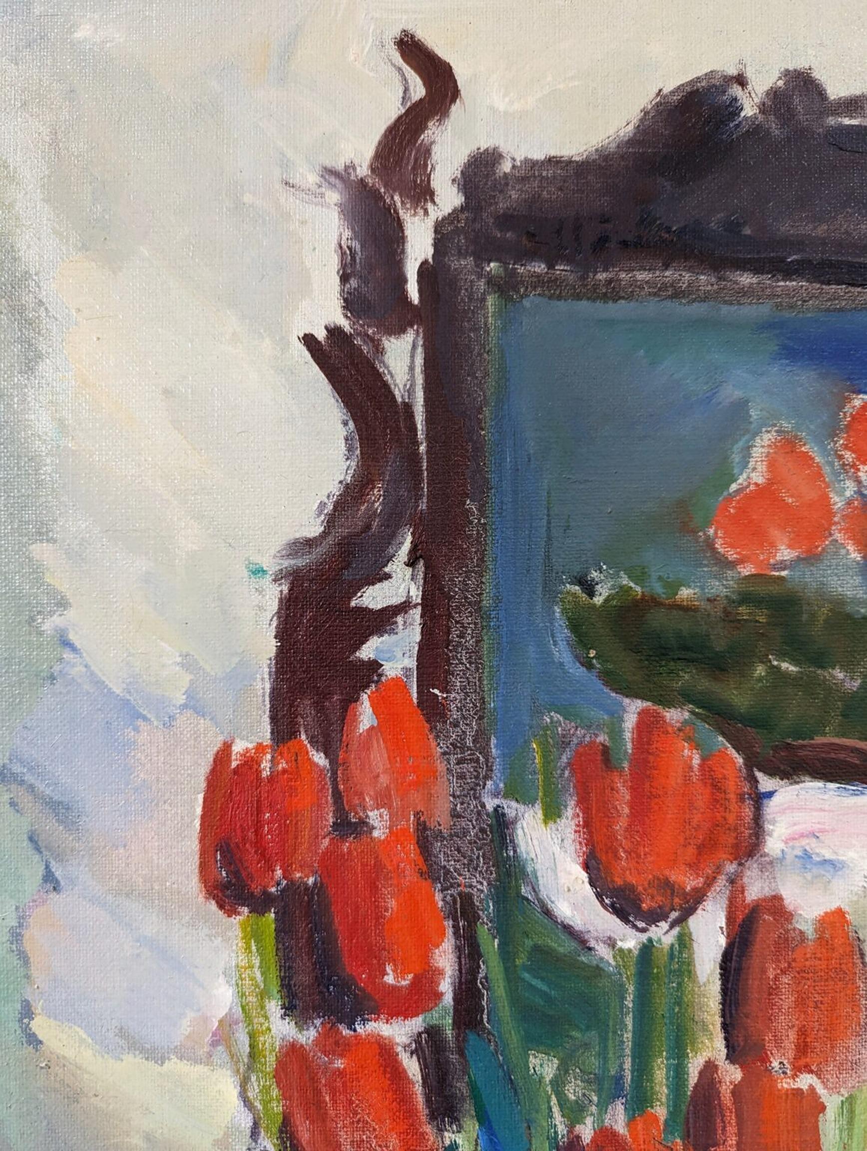 Vintage Mid-Century Interior Floral Still Life Framed Oil Painting - Red Tulips For Sale 5