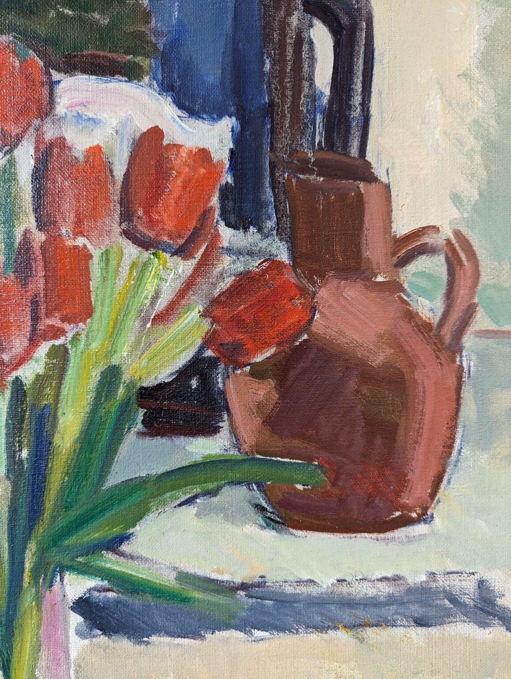 Vintage Mid-Century Interior Floral Still Life Framed Oil Painting - Red Tulips For Sale 6