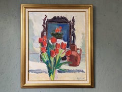 Vintage Mid-Century Interior Floral Still Life Framed Oil Painting - Red Tulips
