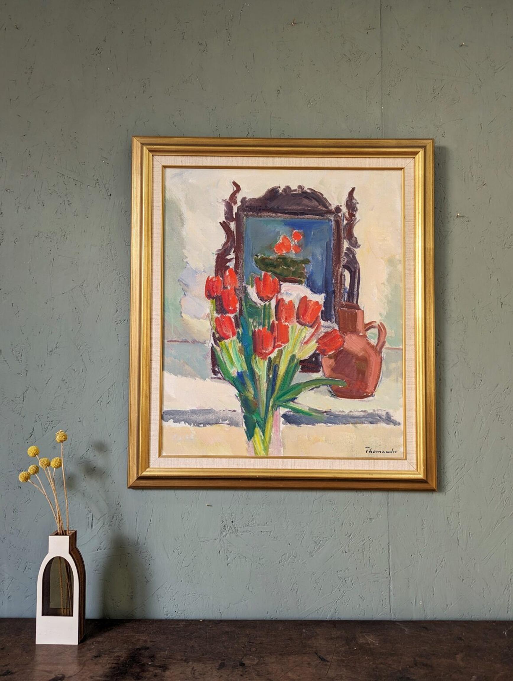 Nature morte florale d'intérieur du milieu du siècle encadrée - Tulipes rouges - Moderne Painting par Unknown