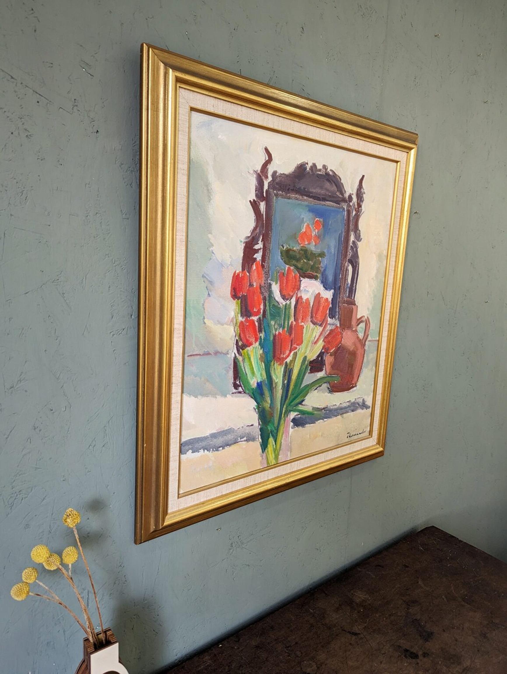 TULIPES ROUGES
Dimensions : 67 x 58 cm (cadre compris)
Huile sur toile

Une captivante et équilibrée composition de nature morte d'intérieur, exécutée à l'huile sur toile.

À première vue, un vase de tulipes rouges au premier plan attire notre
