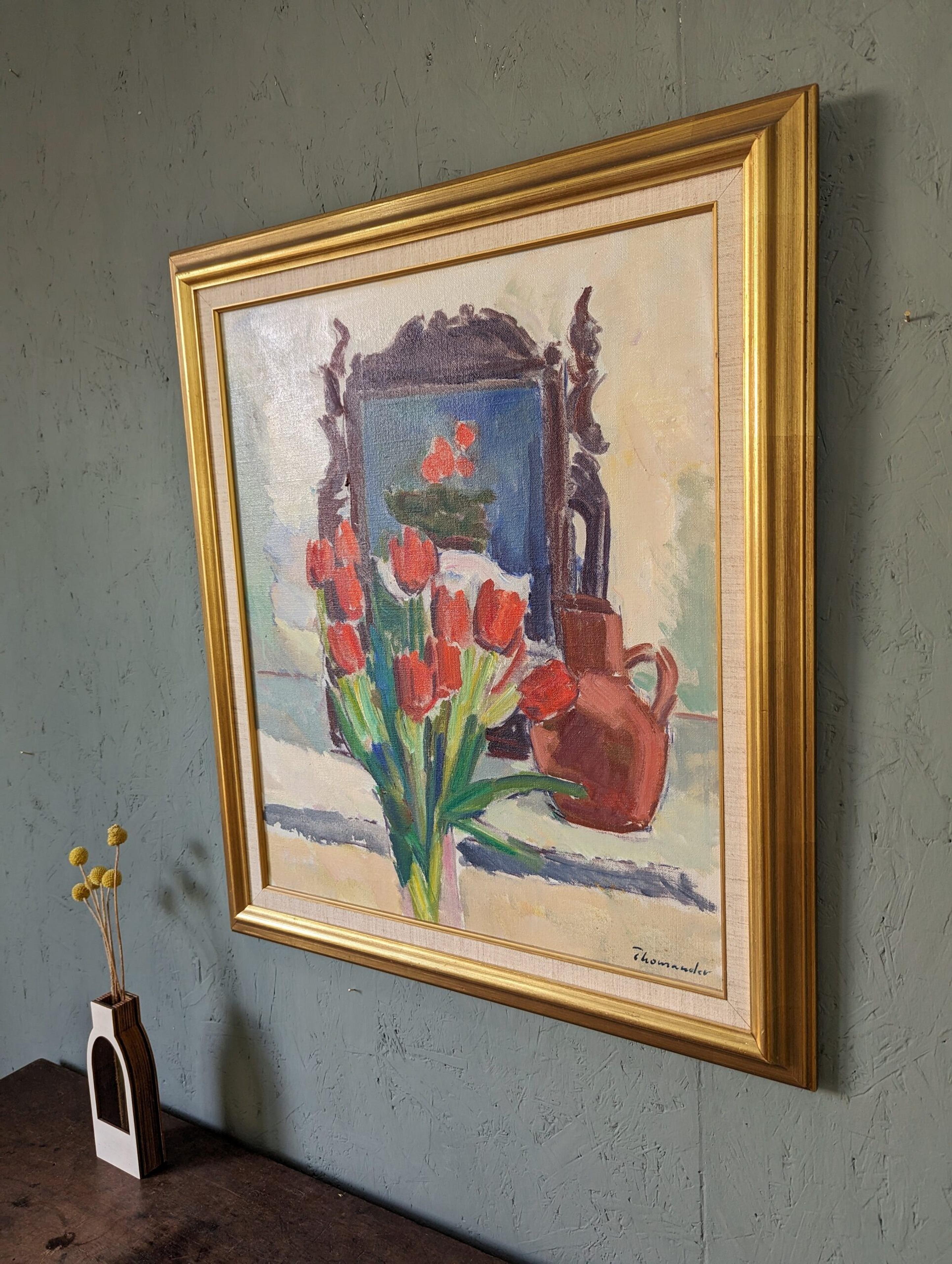 RED TULIPS
Size: 67 x 58 cm (including frame)
Oil on Canvas

A captivating and well-balanced interior still life composition, executed in oil onto canvas.

Upon first glance, a vase of striking red tulips in the foreground captures our attention.