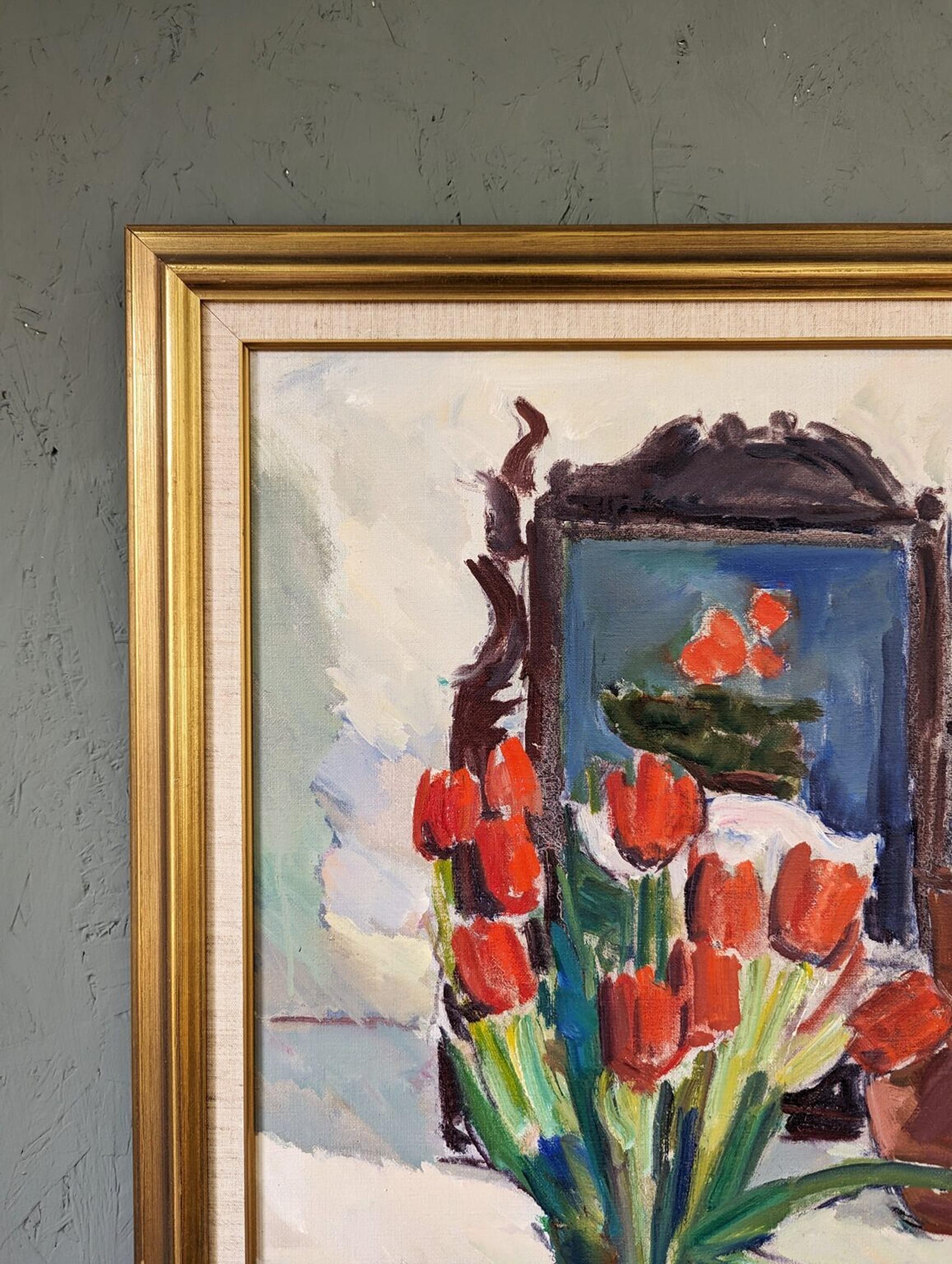 Vintage Mid-Century Interior Floral Still Life Framed Oil Painting - Red Tulips For Sale 1