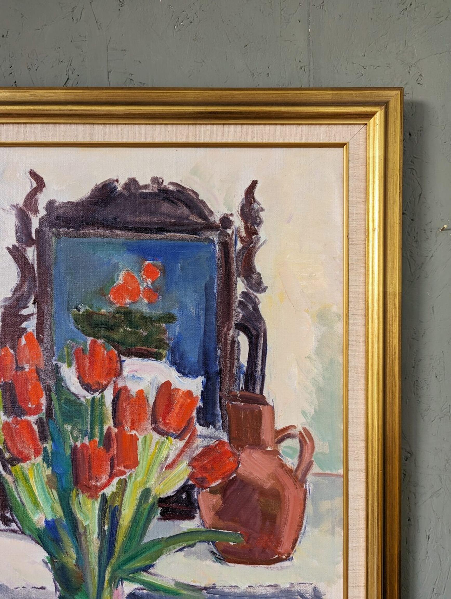 Vintage Mid-Century Interior Floral Still Life Framed Oil Painting - Red Tulips For Sale 2
