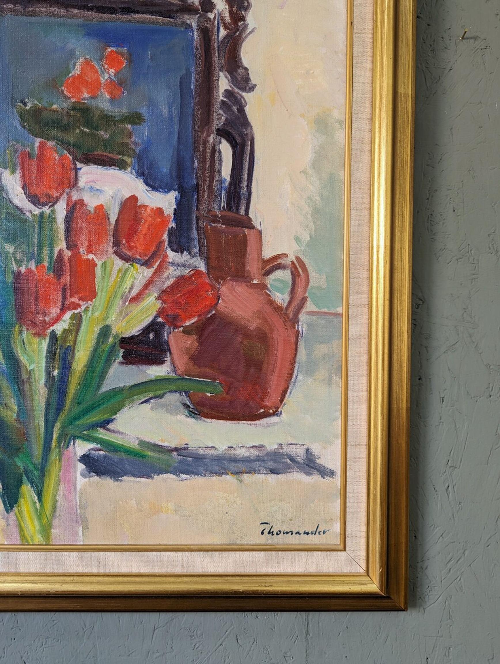 Vintage Mid-Century Interior Floral Still Life Framed Oil Painting - Red Tulips For Sale 3