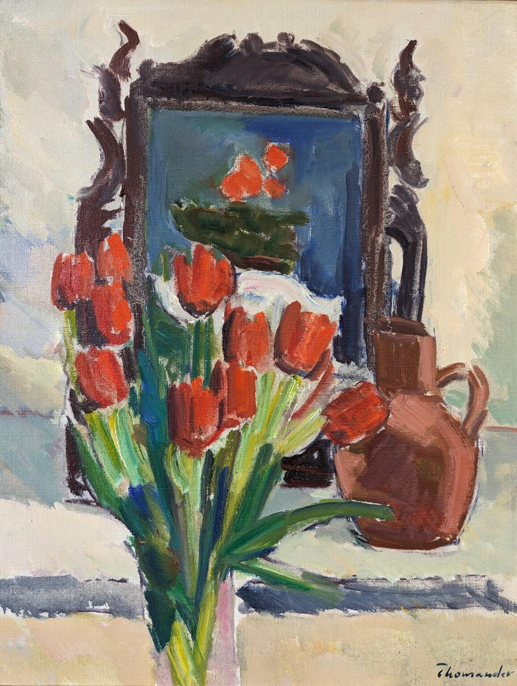Vintage Mid-Century Interior Floral Still Life Framed Oil Painting - Red Tulips For Sale 4