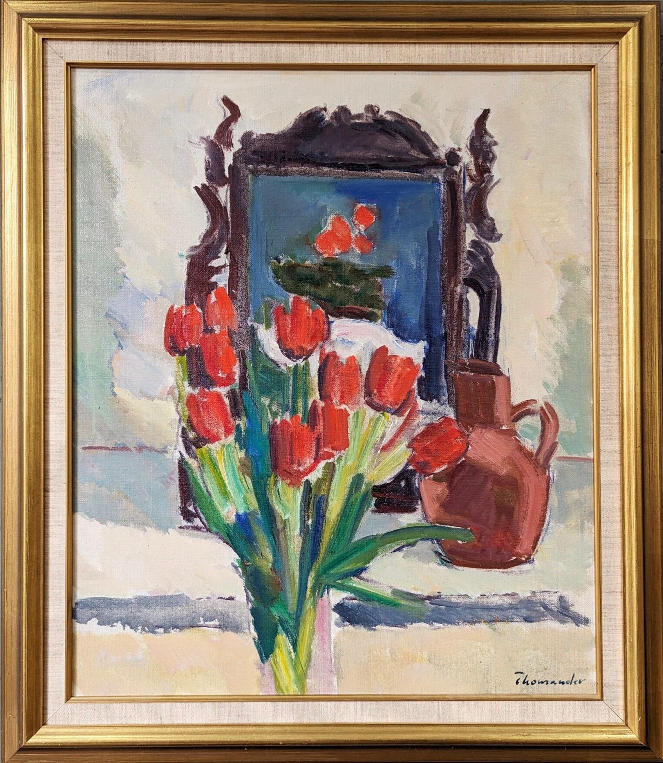 Still-Life Painting Unknown - Nature morte florale d'intérieur du milieu du siècle encadrée - Tulipes rouges