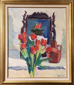 Interieur-Blumenstillleben, gerahmtes Ölgemälde, Vintage, Rot, Tulpen, Mitte des Jahrhunderts