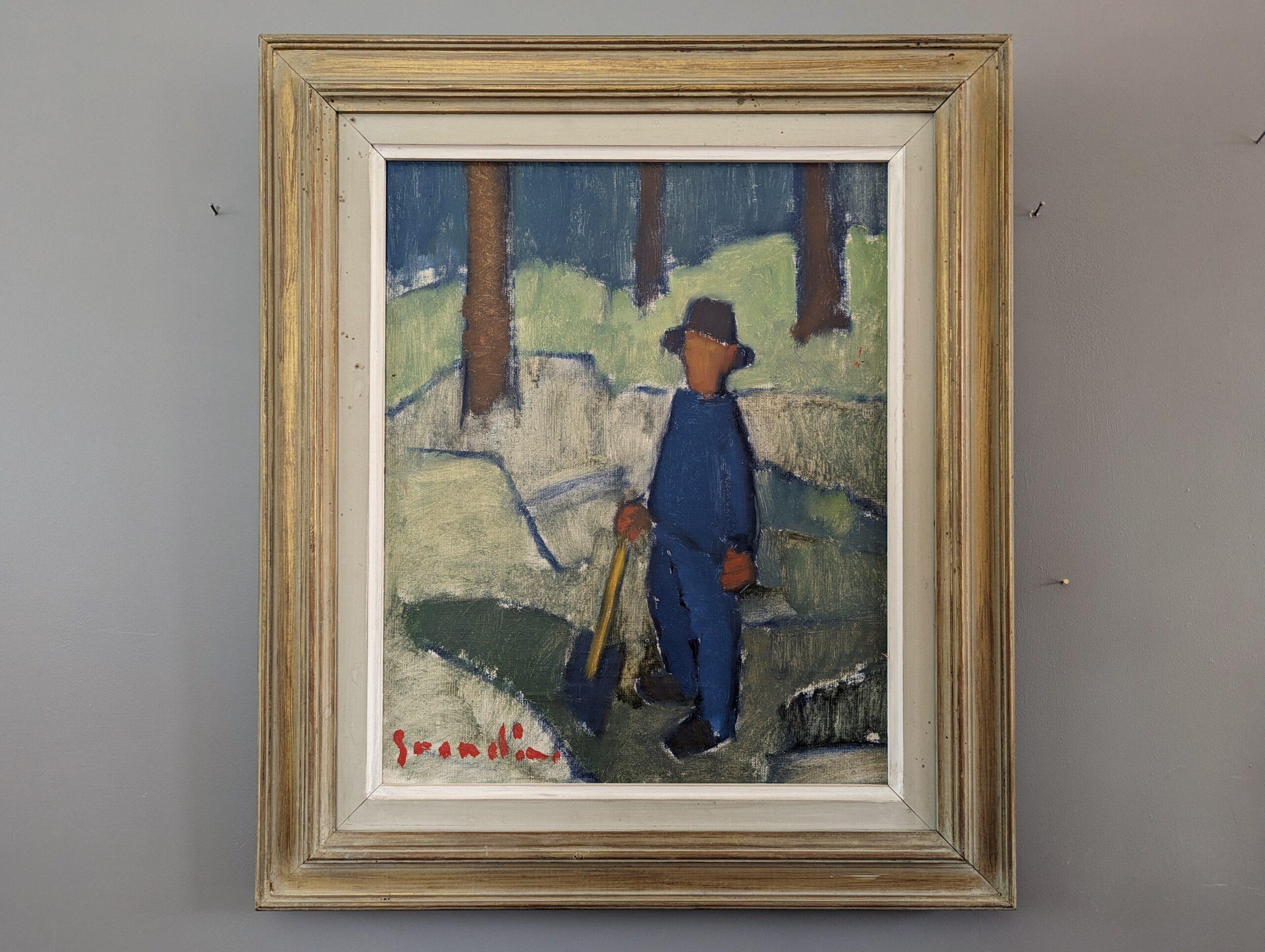 THE GARDENER
Size: 52 x 45 cm (including frame)
Oil on Canvas

An expressive mid-century landscape composition, painted in oil onto canvas.

The painting encapsulates a scene of quiet work, where a male figure is depicted holding a long shovel
