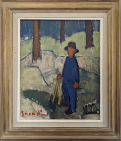 Peinture à l'huile vintage de scène figurative de paysage du milieu du siècle dernier