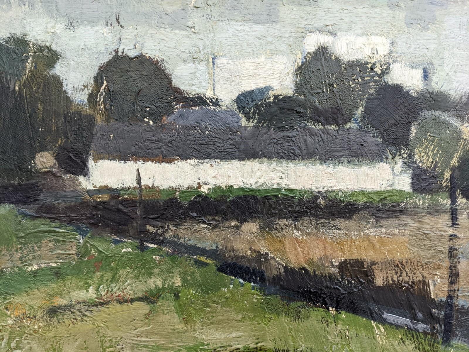 OVER THE FIELDS
Size: 47 x 79 cm (including frame)
Oil on canvas

A large and textured mid century modernist landscape composition in oil, painted onto canvas.

Expressionist and yet very detailed, textured brushwork creates the wonderfully balanced